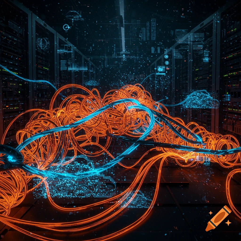 Tangled bright orange and blue glowing data cables fill a dark, futuristic server room.