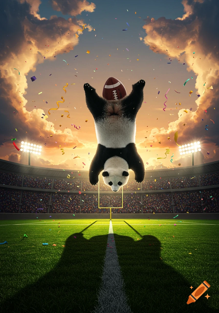 A photorealistic panda soars upside down, holding an American football over a stadium goalpost at sunset with confetti falling.
