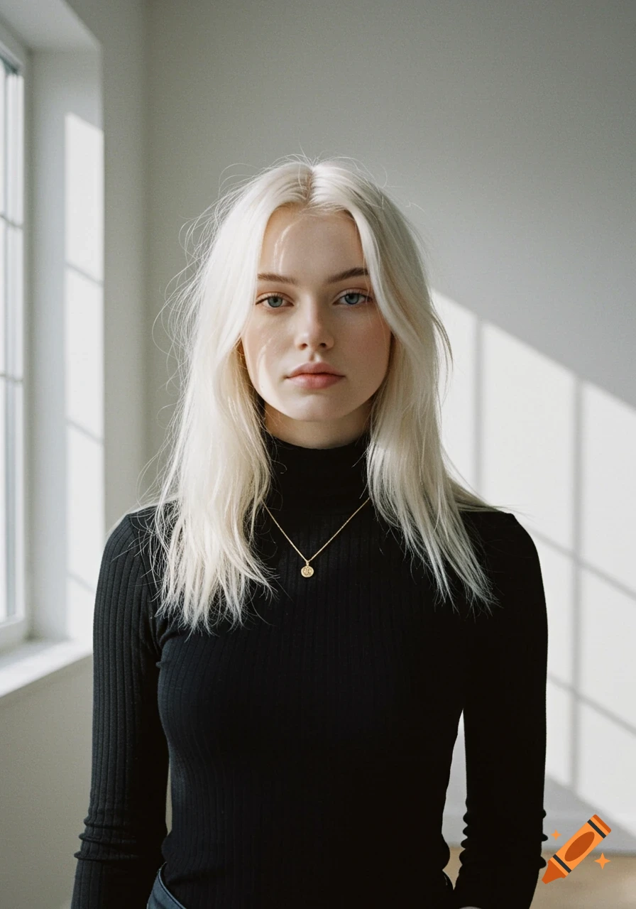 Photorealistic portrait of a young woman with platinum blonde hair, pale skin, wearing a black turtleneck and gold necklace.