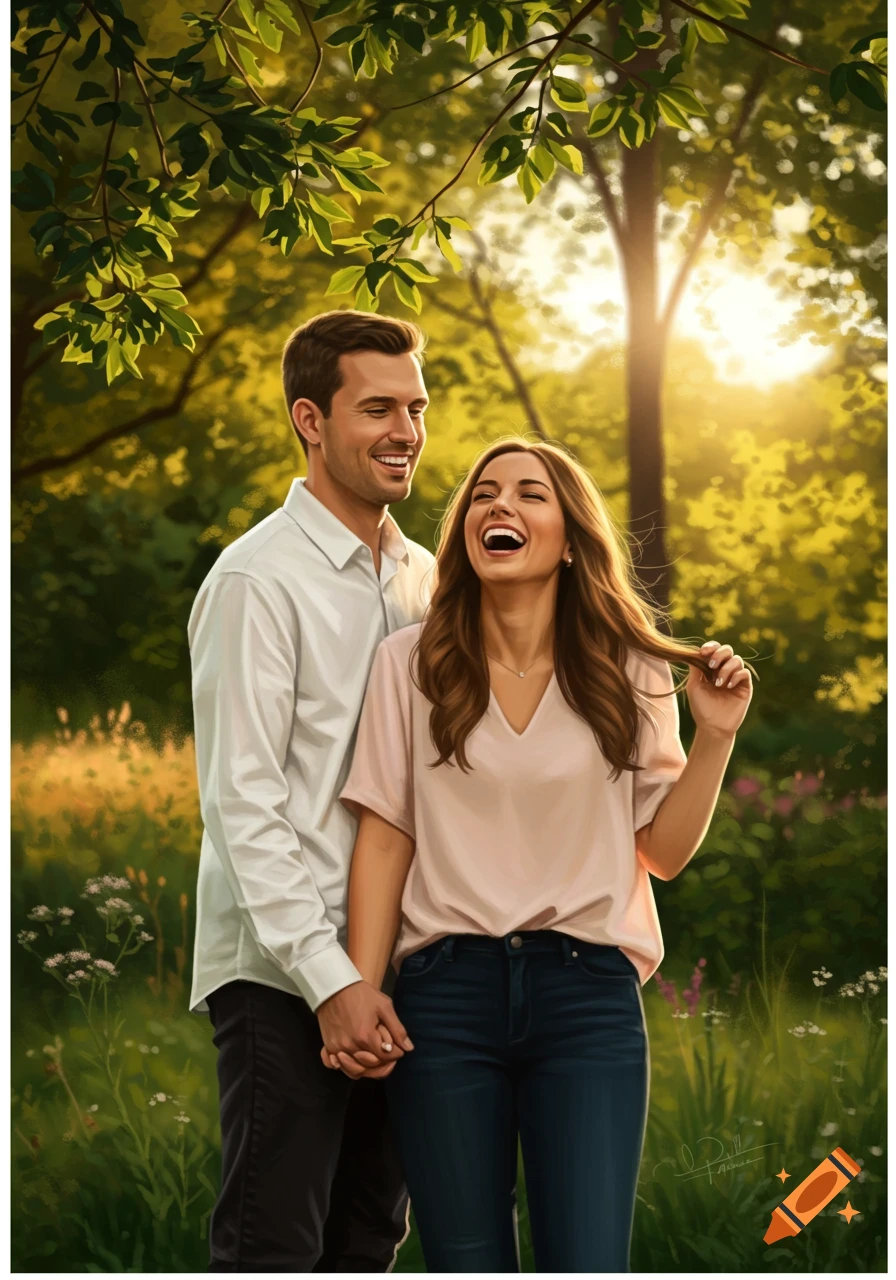 An illustrated portrait of a smiling couple holding hands in a sunlit park, surrounded by lush green foliage.