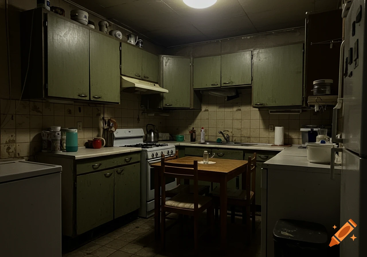 A dimly lit, old-fashioned kitchen featuring olive green cabinets, a wooden dining table, and various appliances.