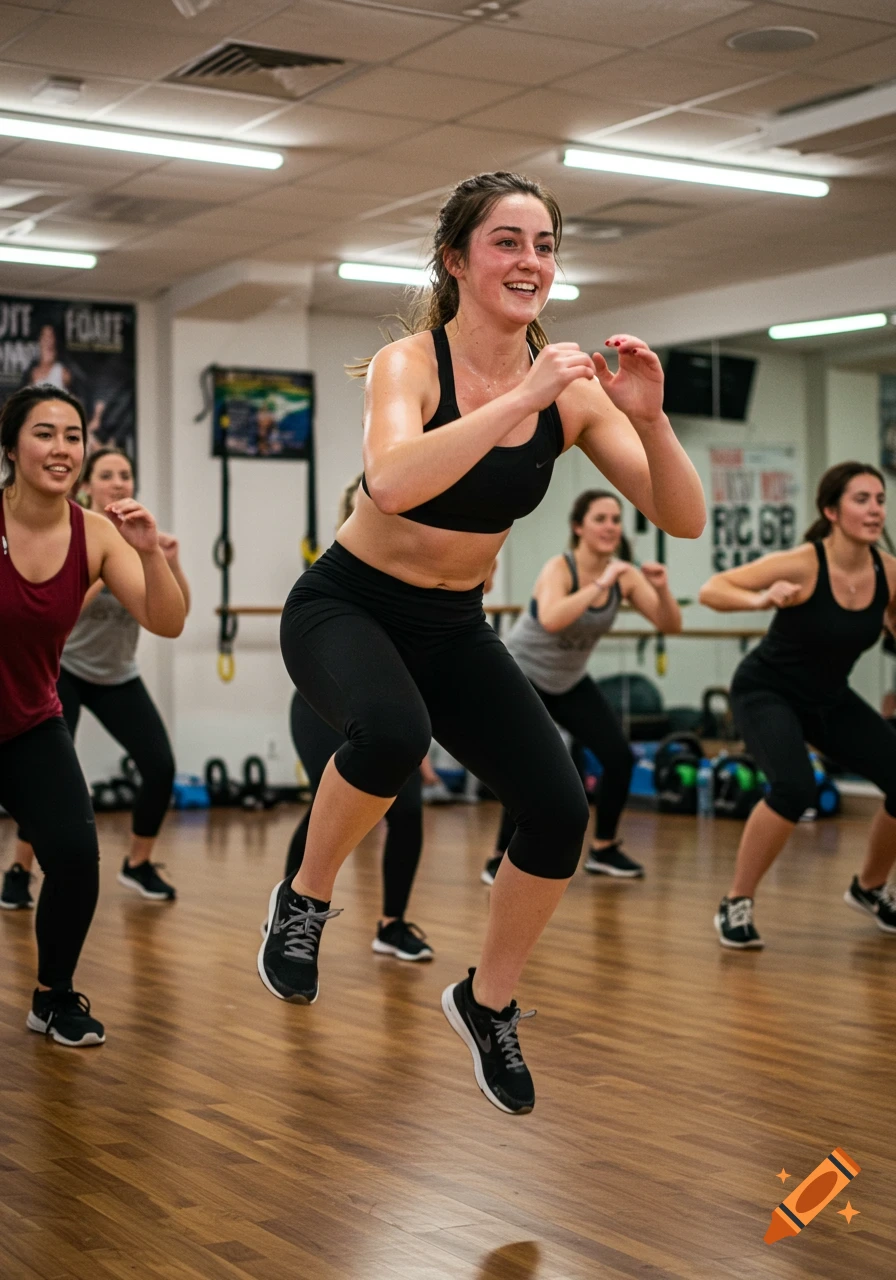 A group of smiling women, sweaty from an intense workout, doing high-knees or squats in a brightly lit gym.