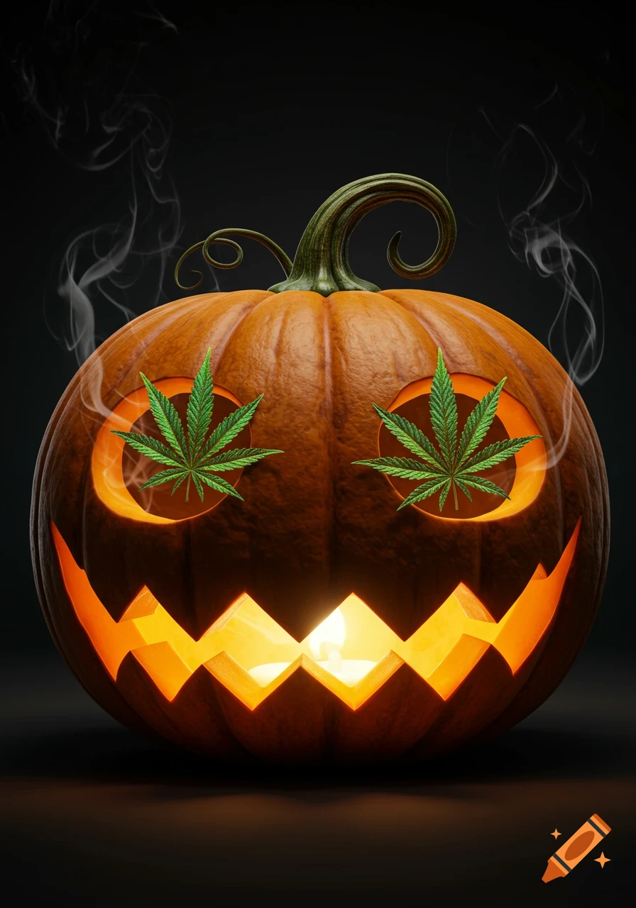 A lit jack-o'-lantern with cannabis leaves for eyes, emitting smoke against a dark background.