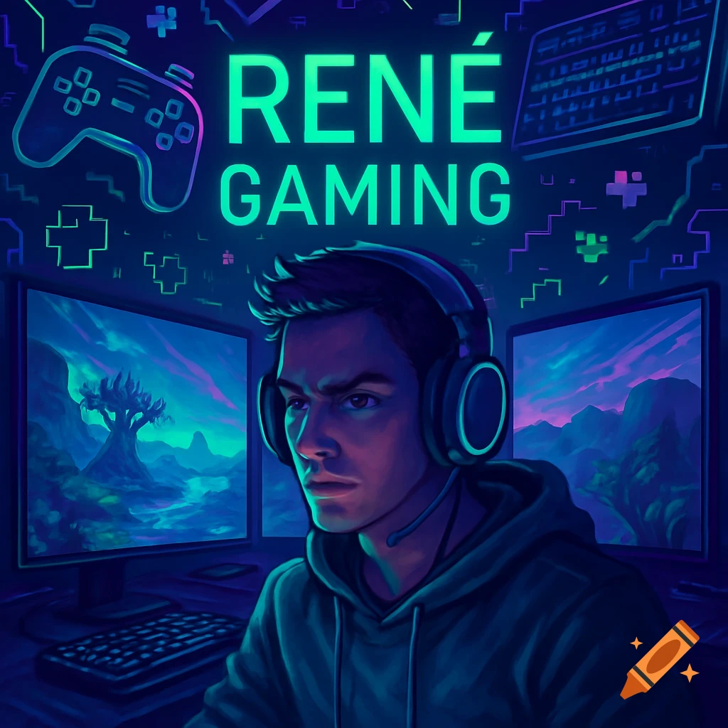 Stylized illustration of a male gamer with headphones at a desk with dual screens, under glowing "RENÉ GAMING" text and gaming graphics.