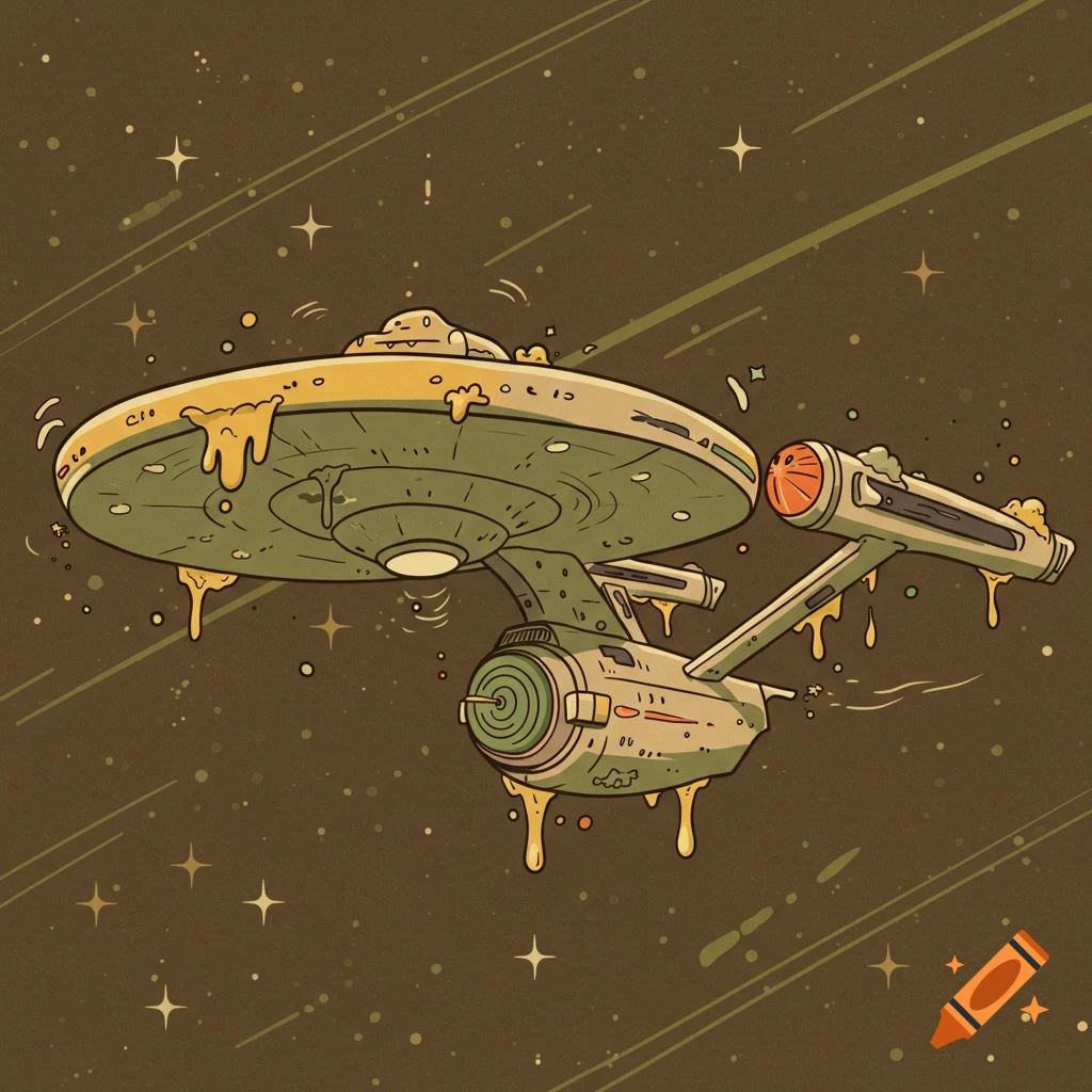Cartoon Starship Enterprise, dripping with yellow-brown goo, floats through a starry, retro-styled brown space background.