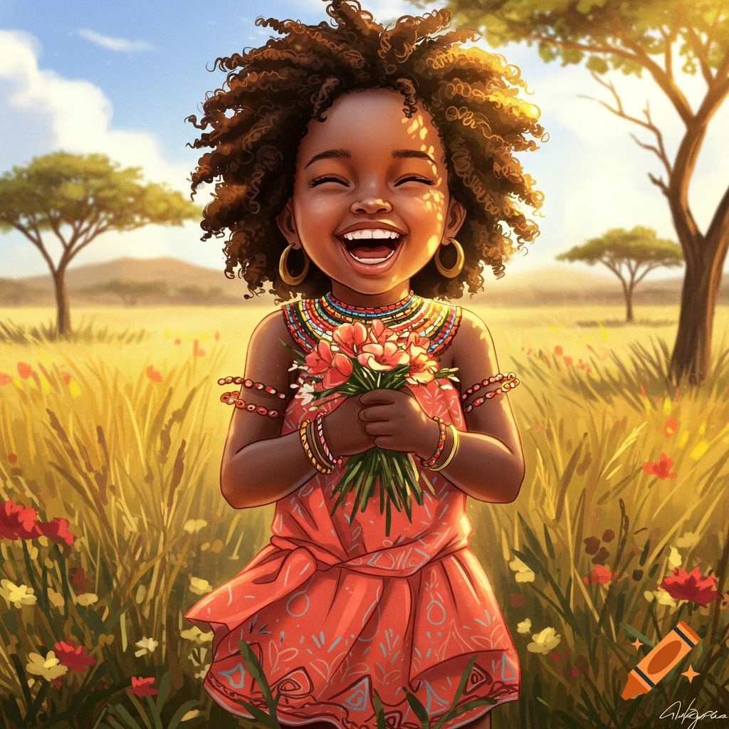 A vibrant illustration of a cute African girl with curly hair, laughing joyfully and holding a bouquet of flowers in a sunny field.