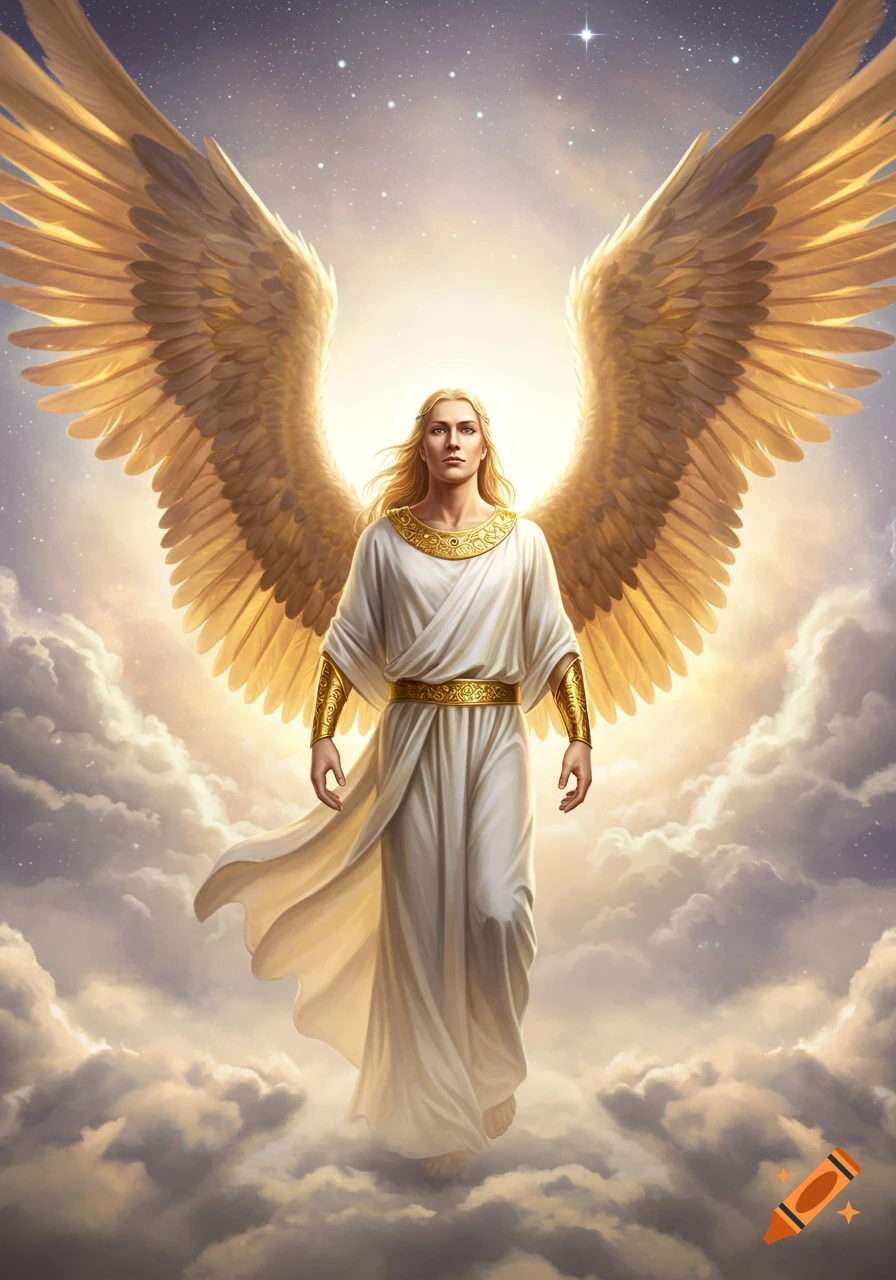 A majestic male angel with long blonde hair, white robe, and large golden wings stands on clouds against a starry sky.