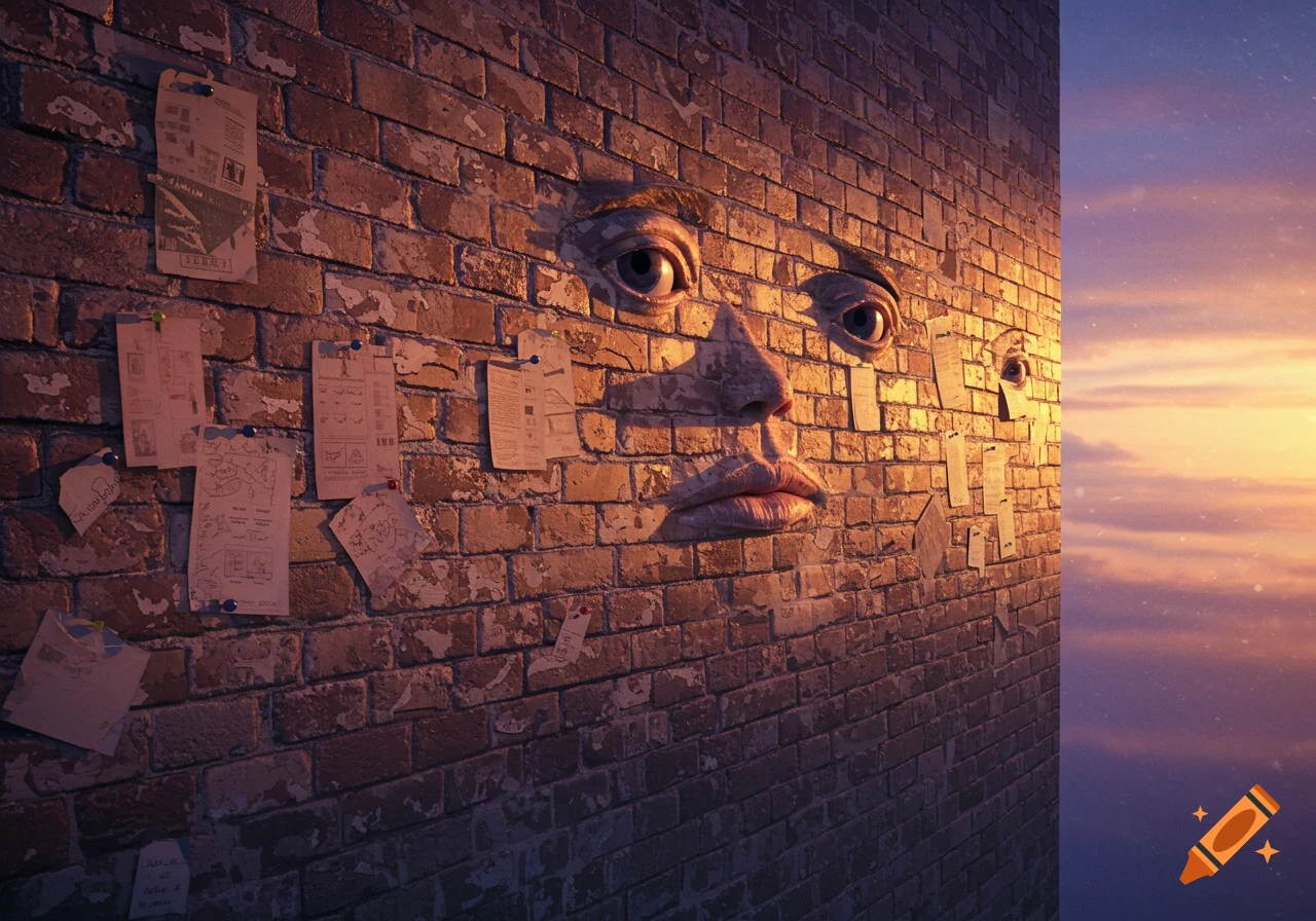 A surreal brick wall with a human face sculpted into it, papers pinned to its surface, against a sunset sky.
