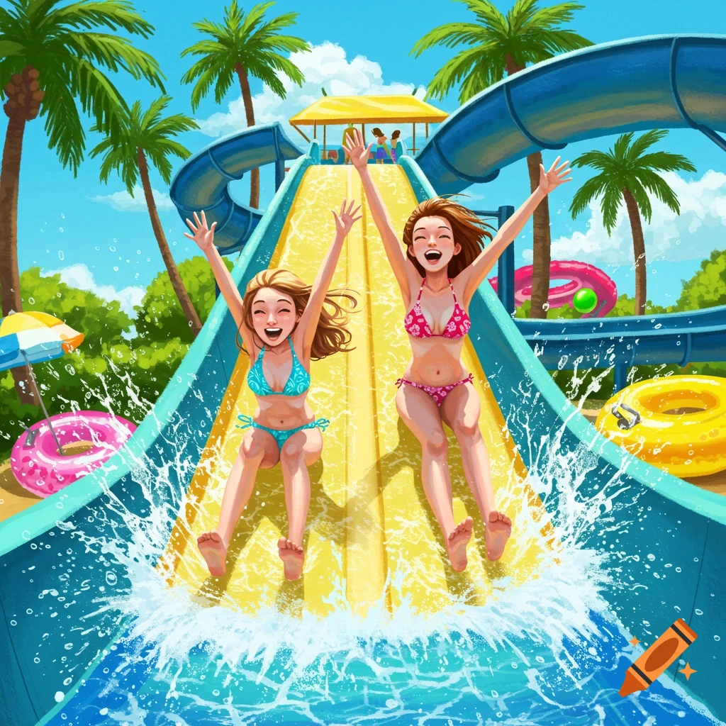 Two happy women in bikinis slide down a yellow waterslide at a vibrant, tropical water park, splashing water.