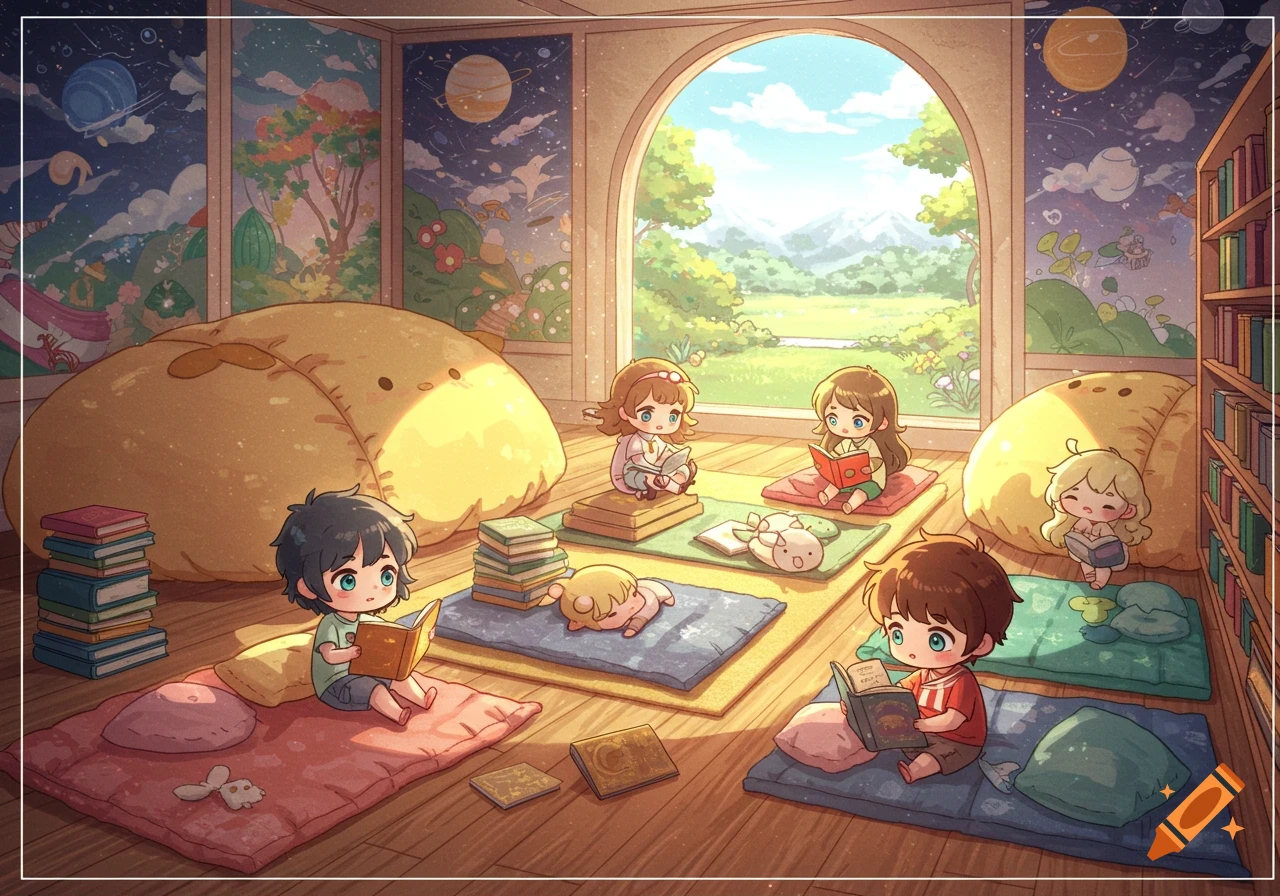 Chibi children read books on cushions and mats in a whimsical classroom with large windows overlooking a fantastical landscape and planets.
