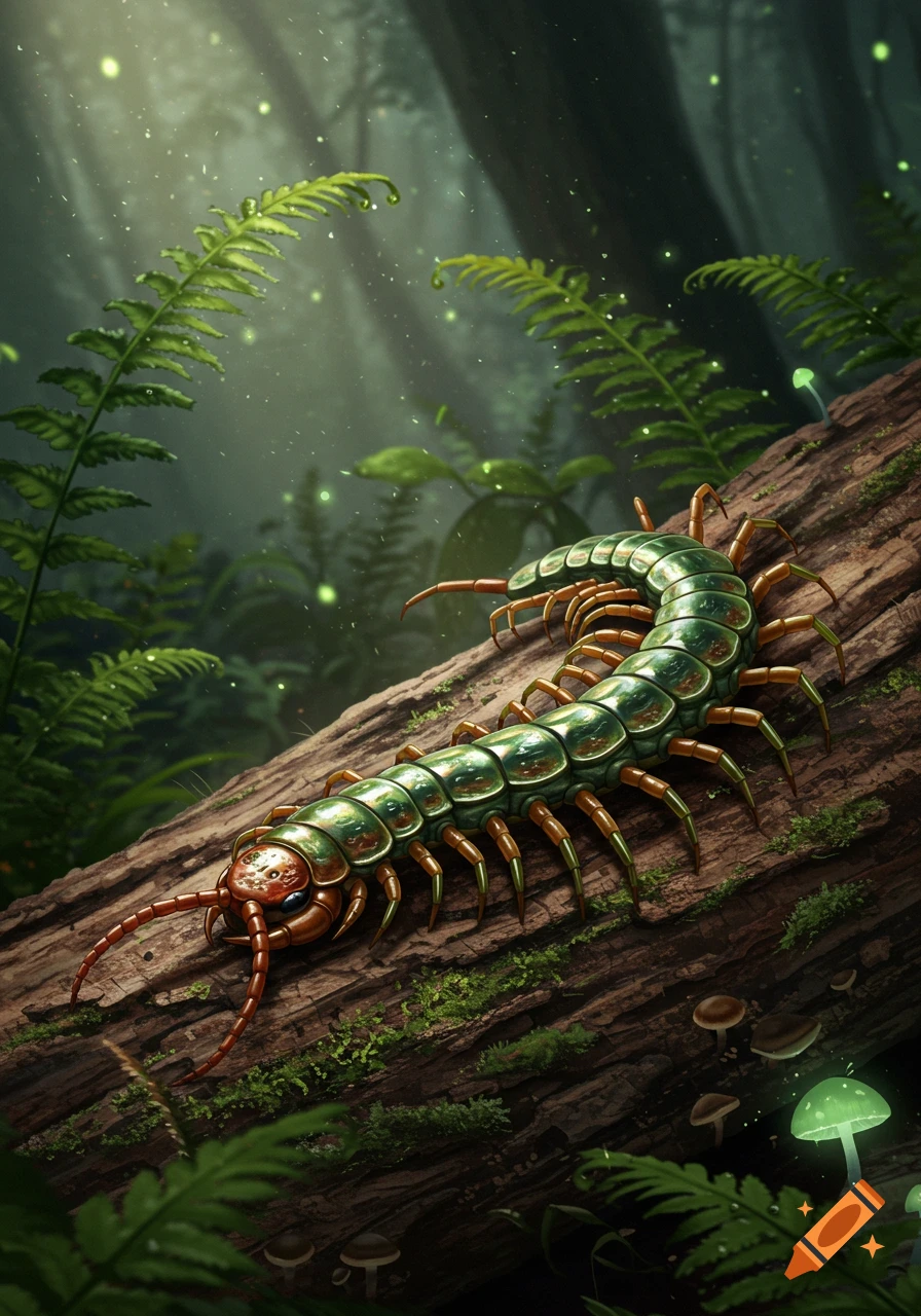 A detailed illustration of a green and orange centipede on a mossy log in a mystical, glowing forest.