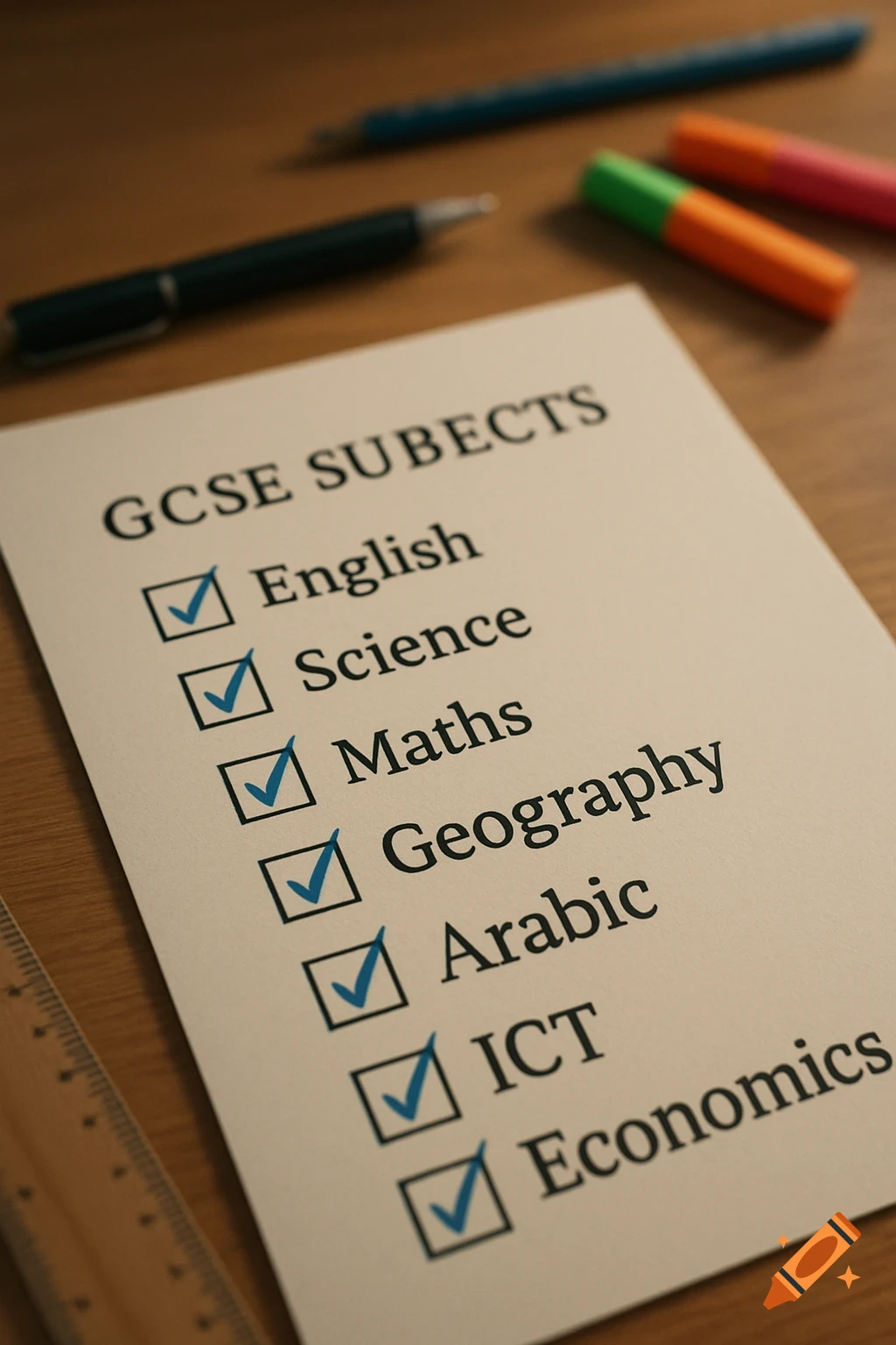 A close-up shot of a GCSE subject selection sheet with various subjects checked off, lying on a wooden desk with pens.
