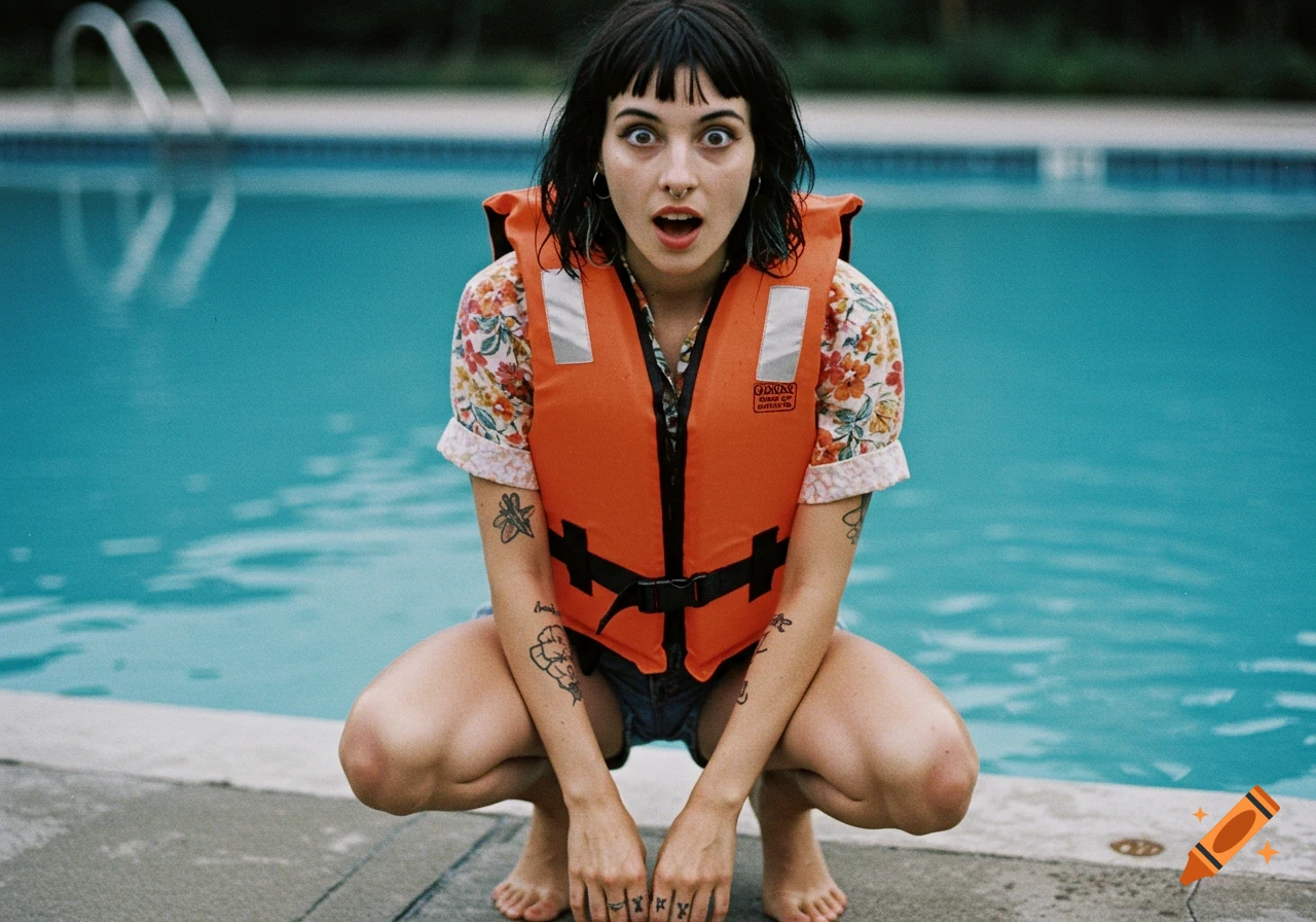 A pale woman with bangs and tattoos in a floral shirt and orange lifejacket squats by a pool with a surprised expression.