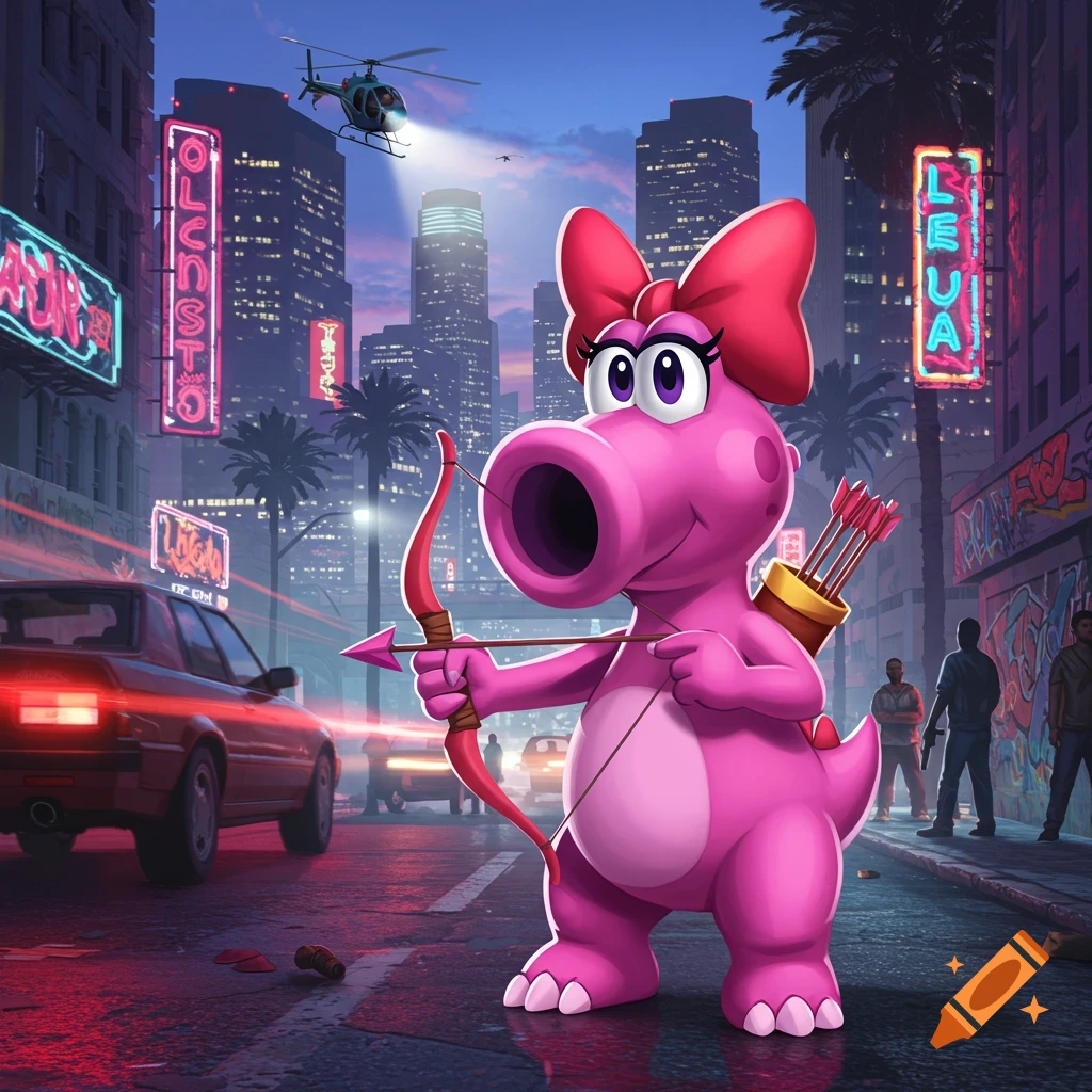 A pink cartoon character, Birdo, holding a red bow and arrow, stands on a neon-lit city street at dusk with cars and buildings in the background.