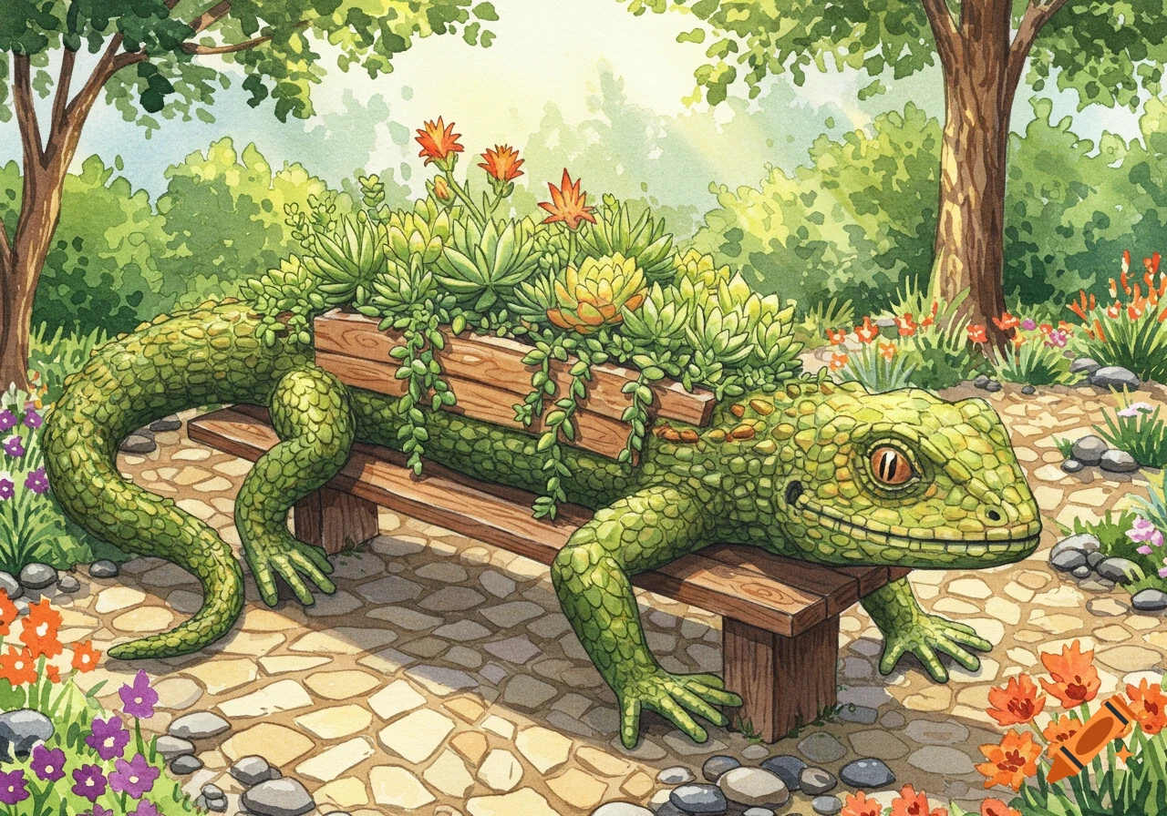 A watercolor illustration of a green lizard-shaped planter box filled with succulents and flowers, sitting on a wooden bench in a sunny garden.