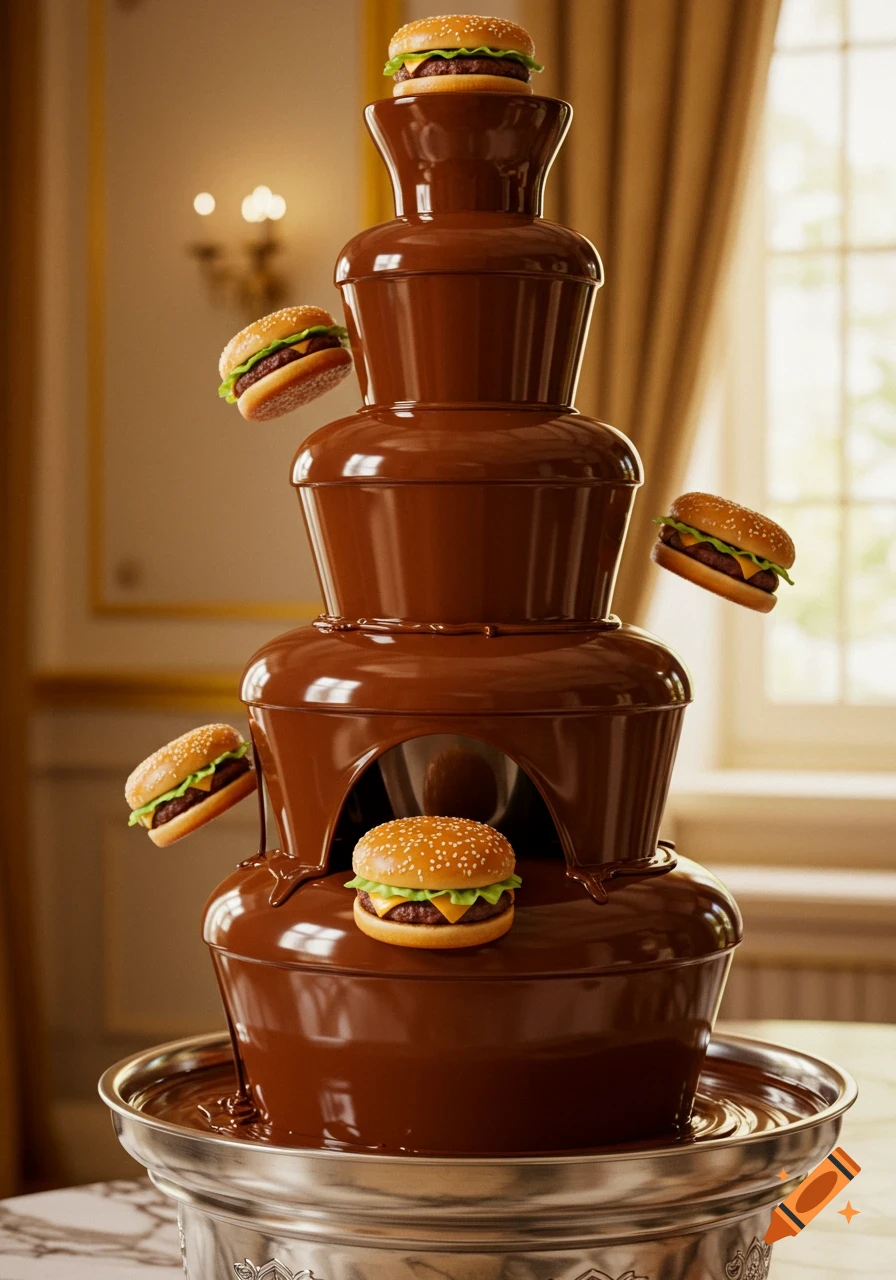 A photorealistic chocolate fountain with hamburgers tumbling and floating around it, set in a lavish room.