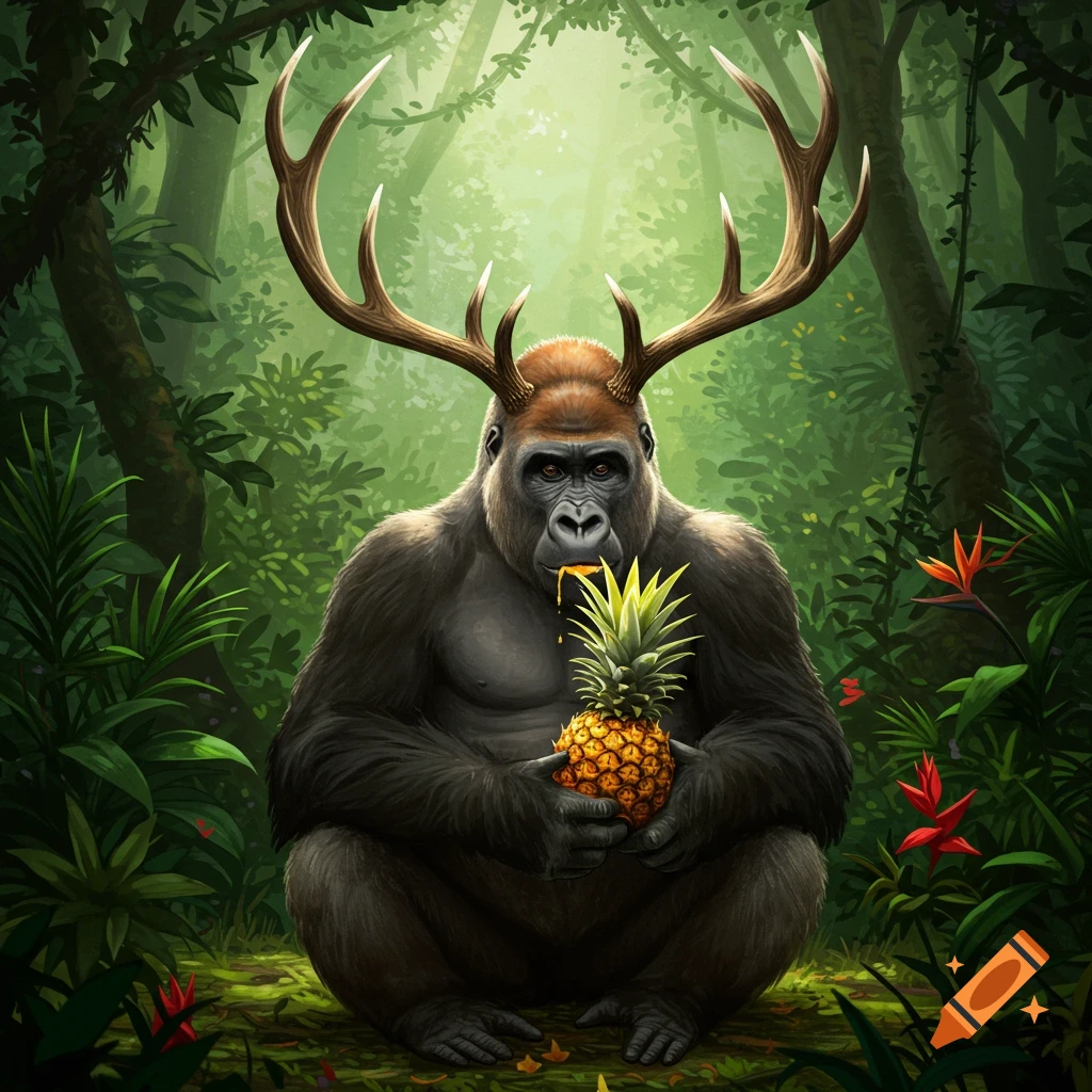 A majestic gorilla with large antlers sits in a lush jungle, enjoying a pineapple with juice dripping from its mouth.