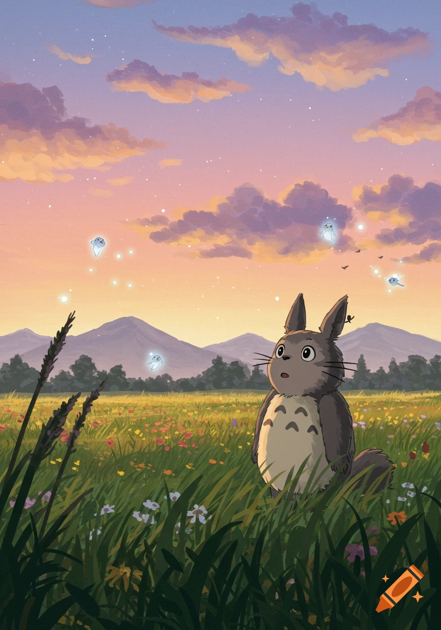Totoro stands in a vibrant green and flowery field at sunset, looking up at glowing spirits in the sky over mountains.