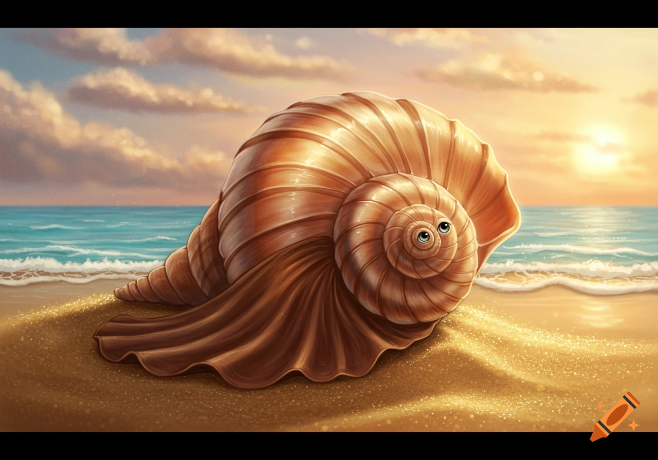 A whimsical illustration of a sentient conch shell wearing a brown dress on a sparkling sandy beach at sunset.
