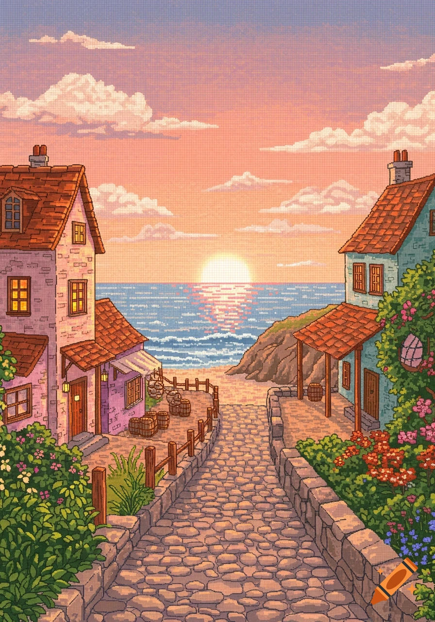 A vibrant pixel art illustration of a charming seaside village with houses, a cobblestone path leading to a beach, and a sunset over the ocean.