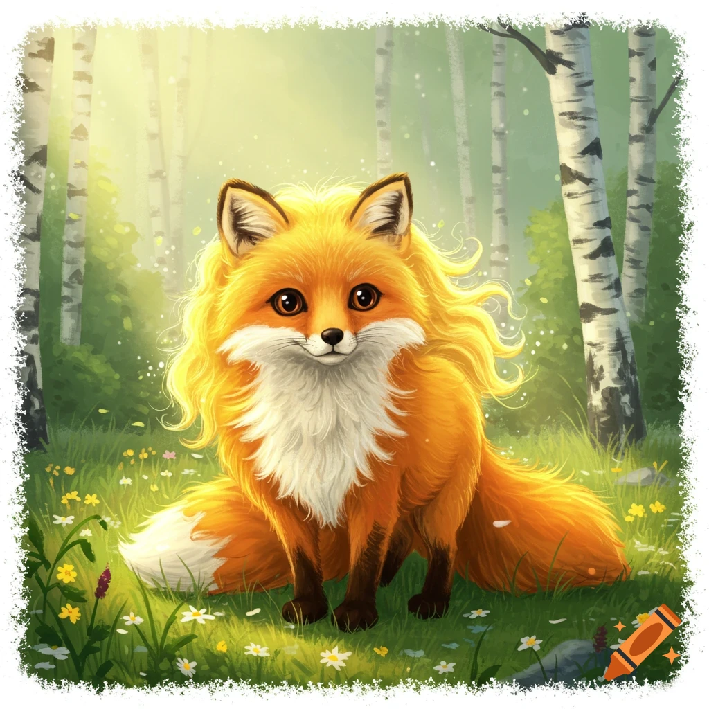 A cute, stylized fox with long, wavy yellow hair sits in a sunny, grassy forest with birch trees and wildflowers.