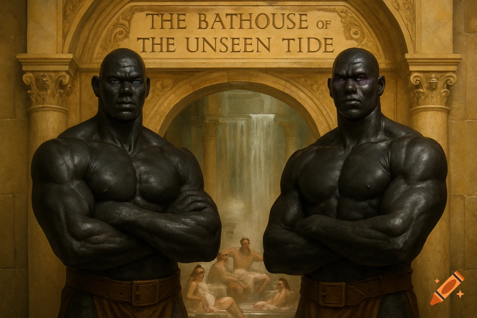 Two muscular, dark-skinned Goliath brothers with sapphire and amethyst eyes stand guard at the entrance to an opulent bathhouse. Patrons lounge in the background.