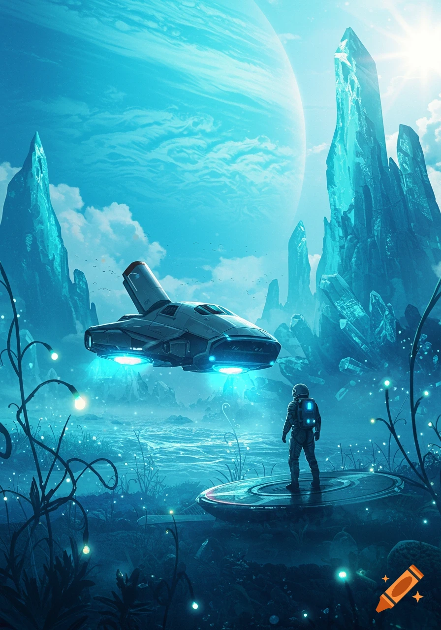 Astronaut on a platform on a blue alien planet with glowing crystals, a large planet in the sky, and a hovering spaceship.
