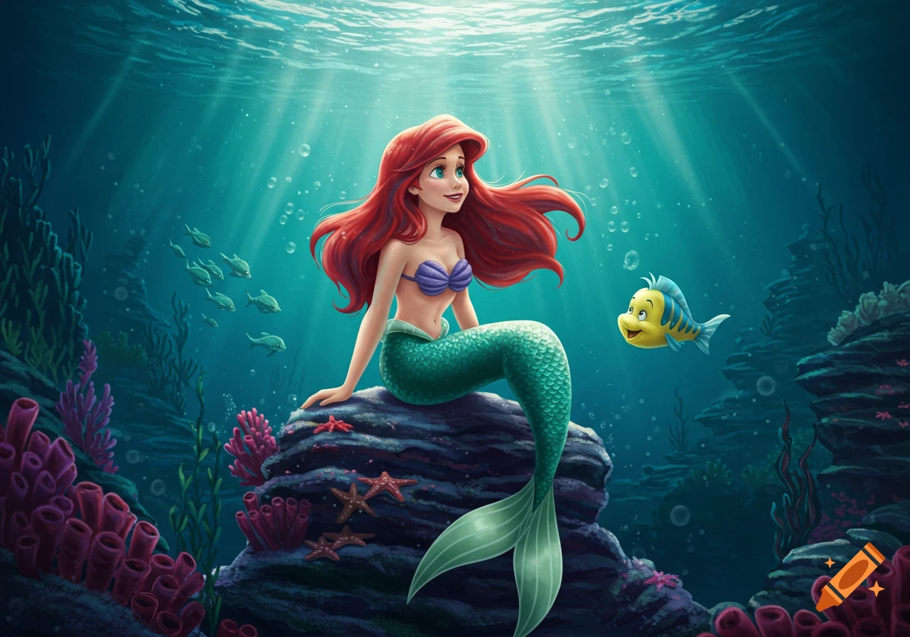 Ariel, the red-haired mermaid, sits on a rock underwater with her fish friend Flounder swimming nearby, in a vibrant cartoon style.