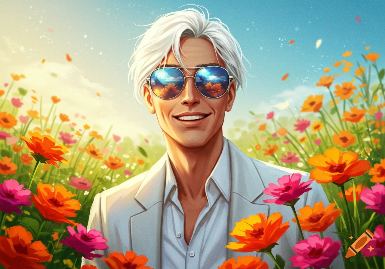 A smiling man with white hair and sunglasses in a field of colorful pink and orange flowers, digital art.