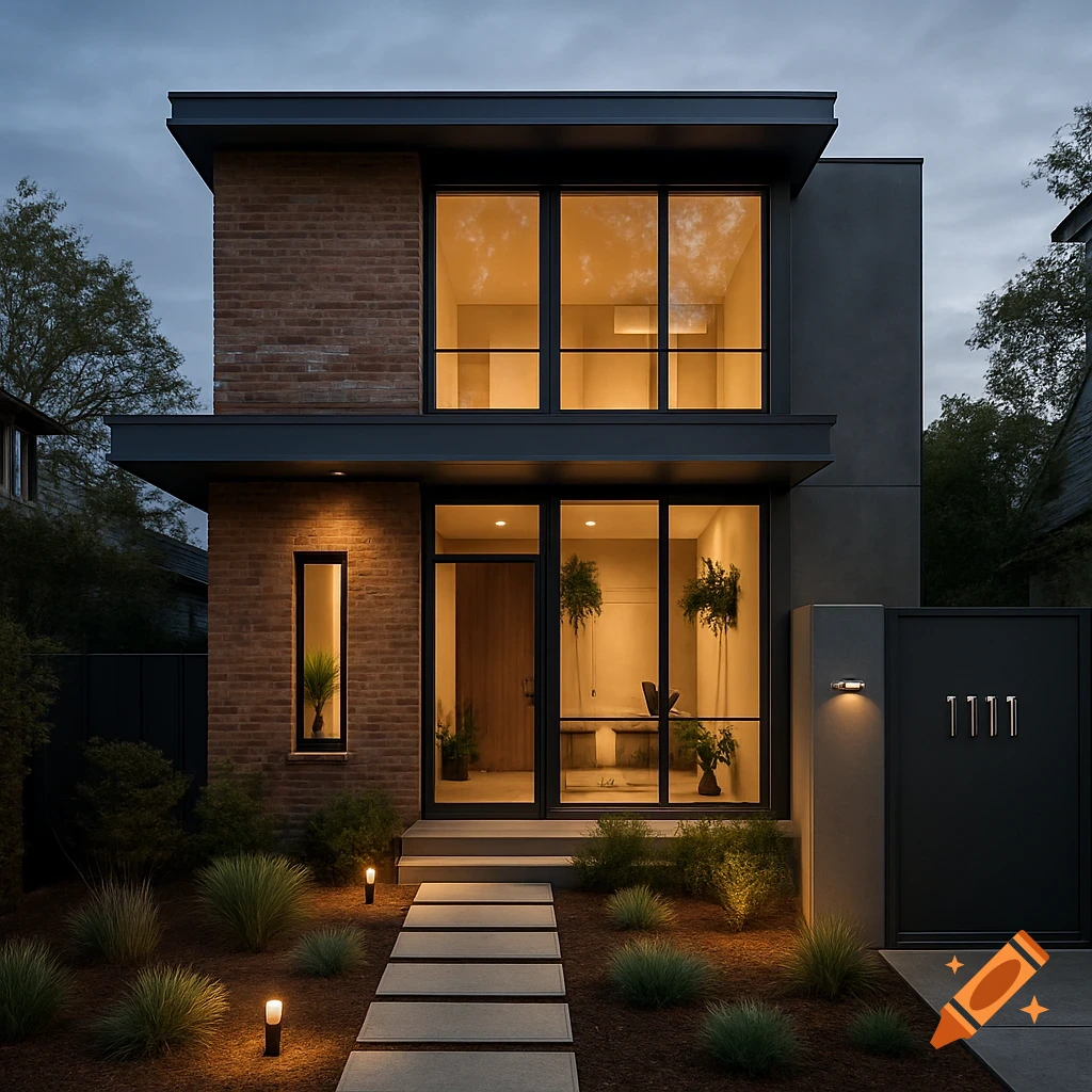 A photorealistic modern two-story house with brick and cement, large windows, and illuminated landscaping at dusk, with the address 1111 on a dark gate.