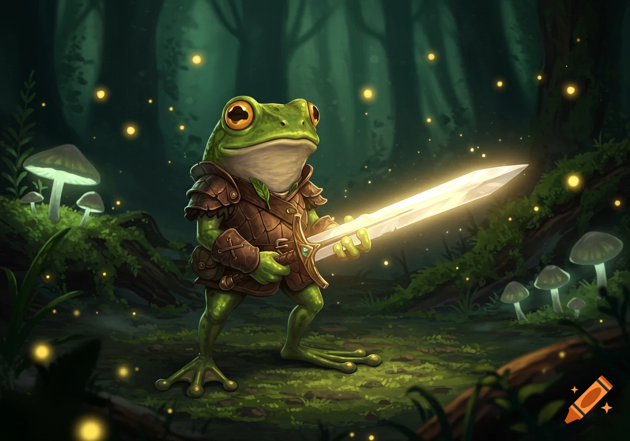 A frog adventurer in leather armor holds a glowing sword in a magical forest with luminous mushrooms and fireflies.