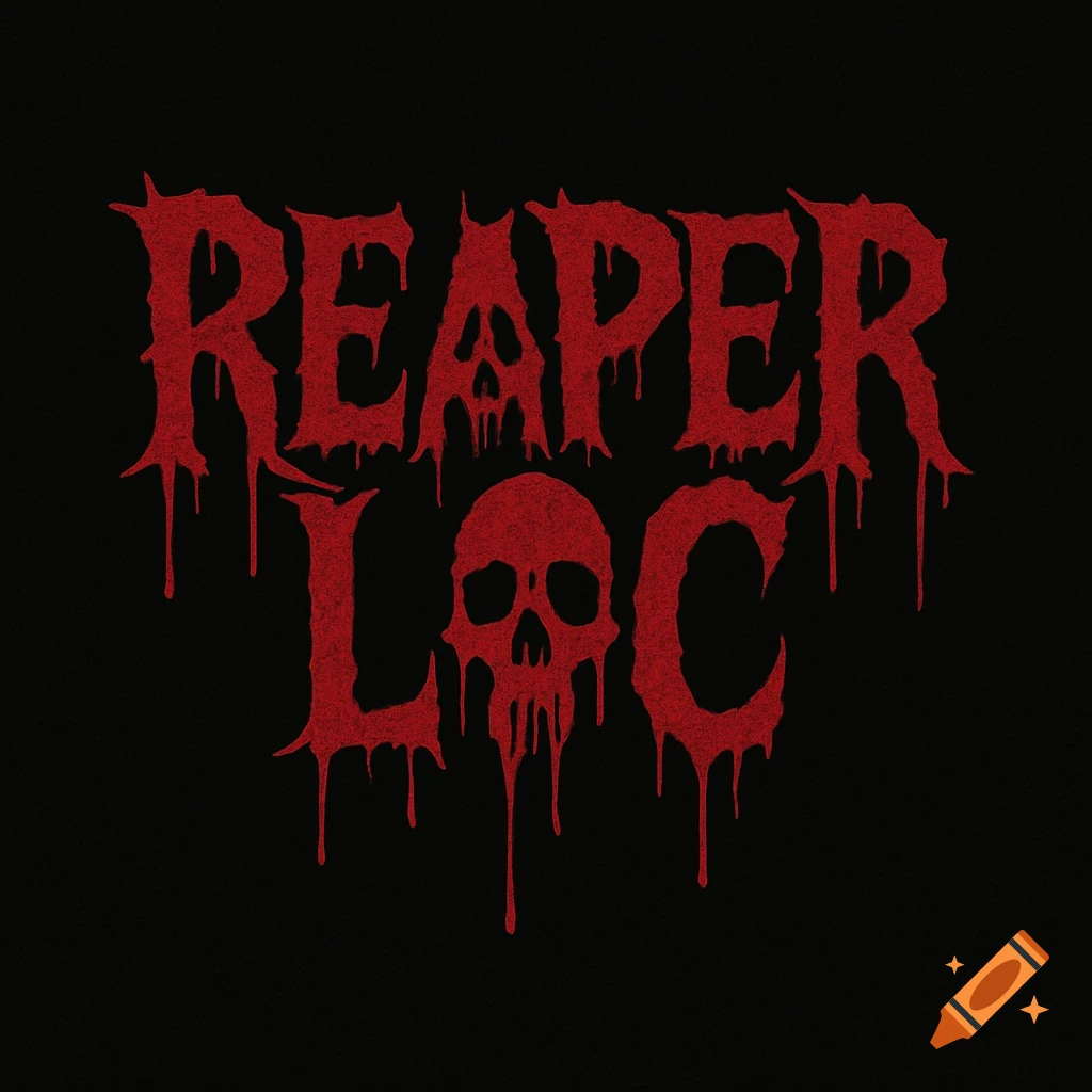 Red, dripping, bloody text spelling 'REAPER LOC' with integrated skull designs, on a black background.