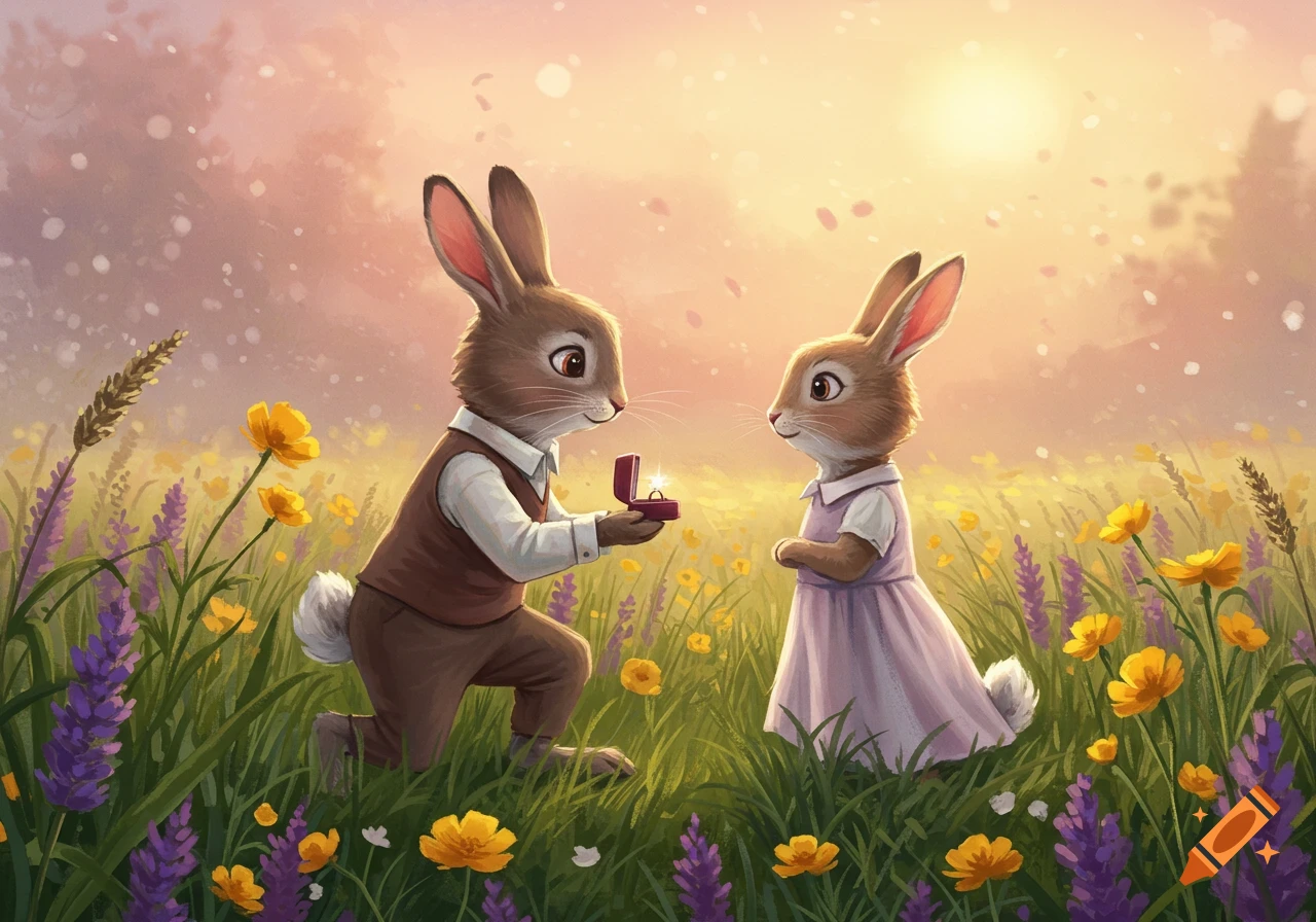 Illustration of a male rabbit proposing to a female rabbit with a ring in a vibrant flower field at sunset.