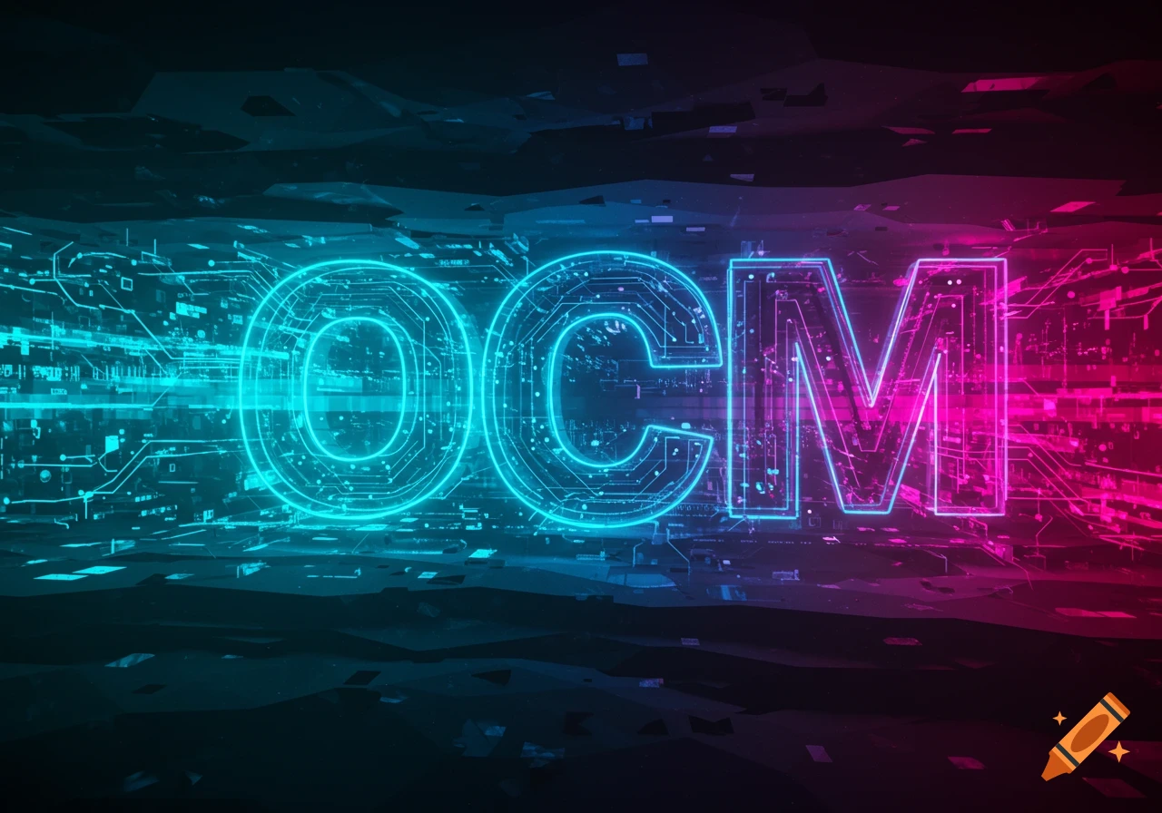 The letters "OCM" glow with vibrant cyan and magenta neon lights, resembling circuit boards on a dark, futuristic background.