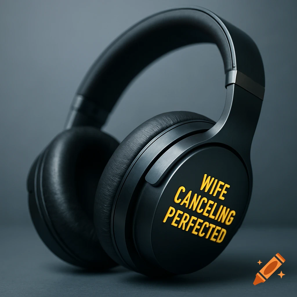 Photorealistic black over-the-ear headphones with 'WIFE CANCELING PERFECTED' in yellow text on one earcup.
