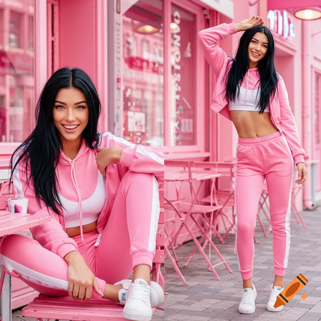 Energetic woman in pink sporty outfit posing in front of a pink cafe, photorealistic style.