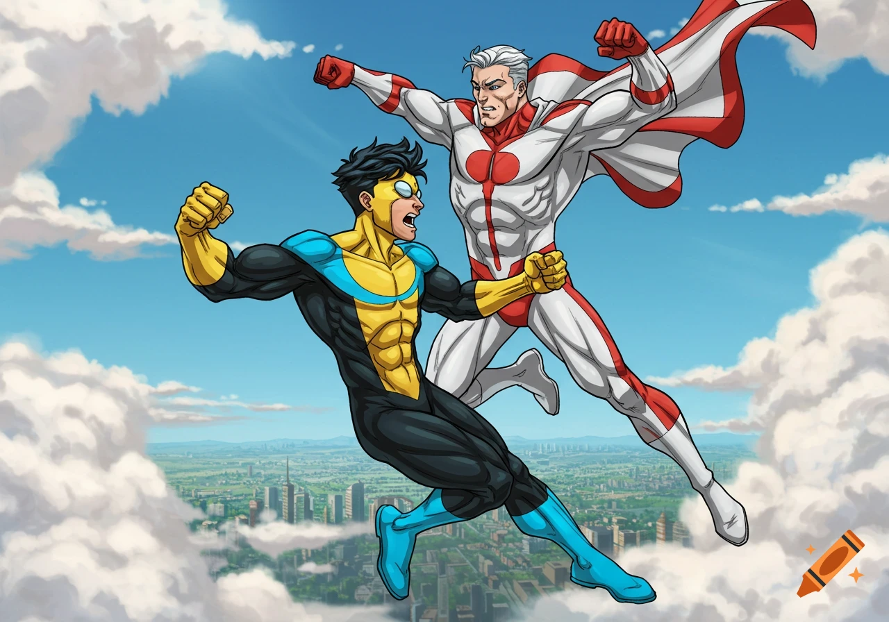 Invincible and Omni-Man superheroes flying and fighting above a city in a dynamic comic book illustration.