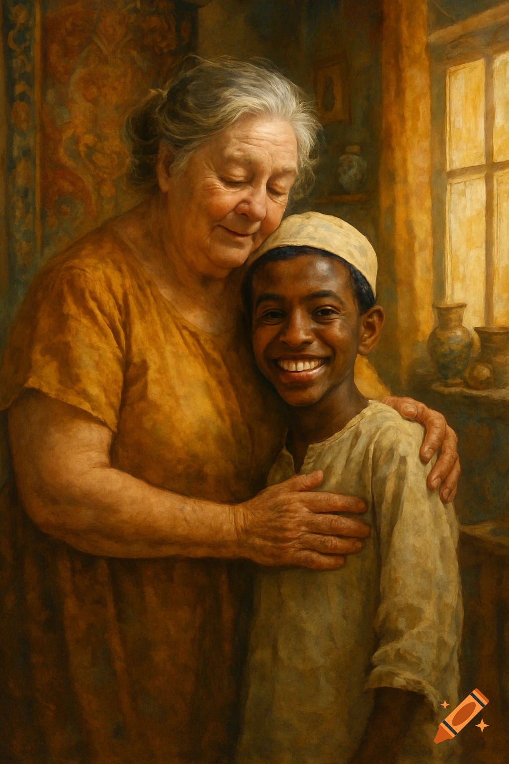 An old woman with closed eyes embraces a smiling young boy with dark skin, depicted in a warm, painterly style.