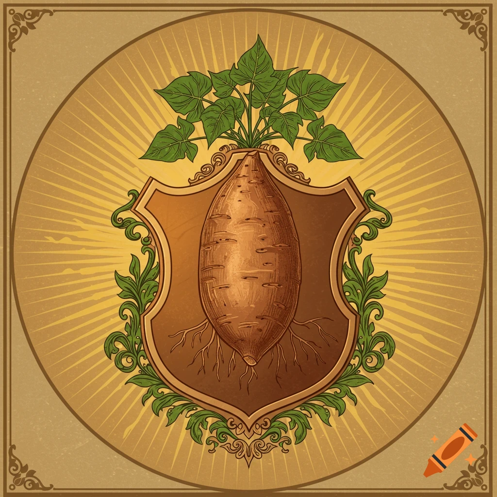 An intricate coat of arms illustration featuring a sweet potato with leaves and roots on a shield, against a golden sunburst.