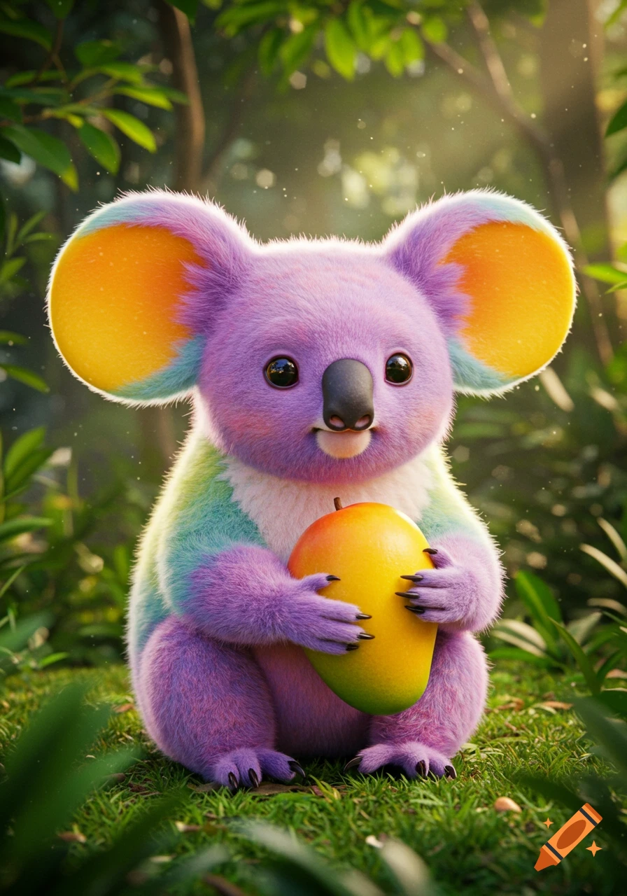 A cute, rainbow-colored koala with mango-shaped ears sits in a lush tropical jungle, hugging a ripe mango.
