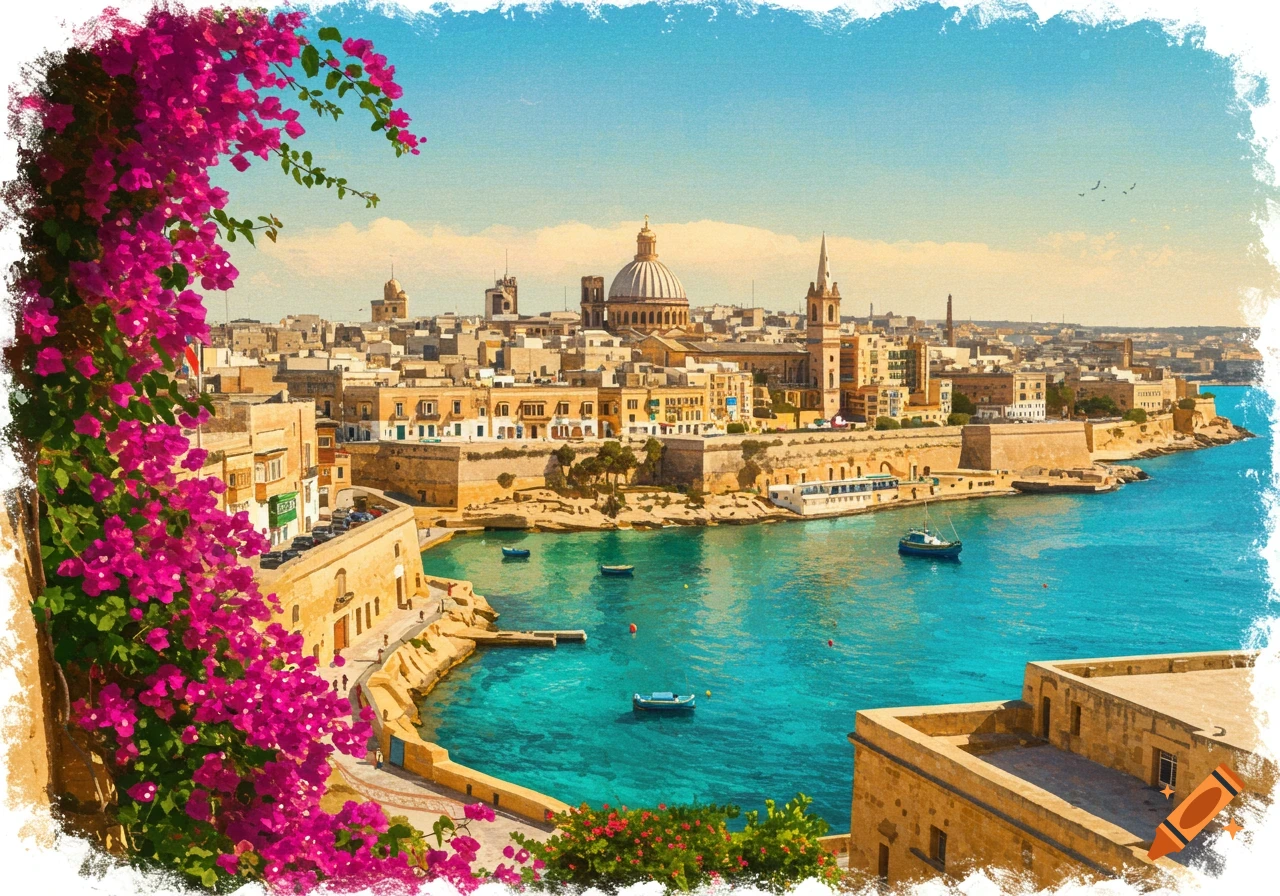 A vibrant watercolor painting of the fortified city of Valletta, Malta, overlooking a turquoise harbor, with pink bougainvillea in the foreground.