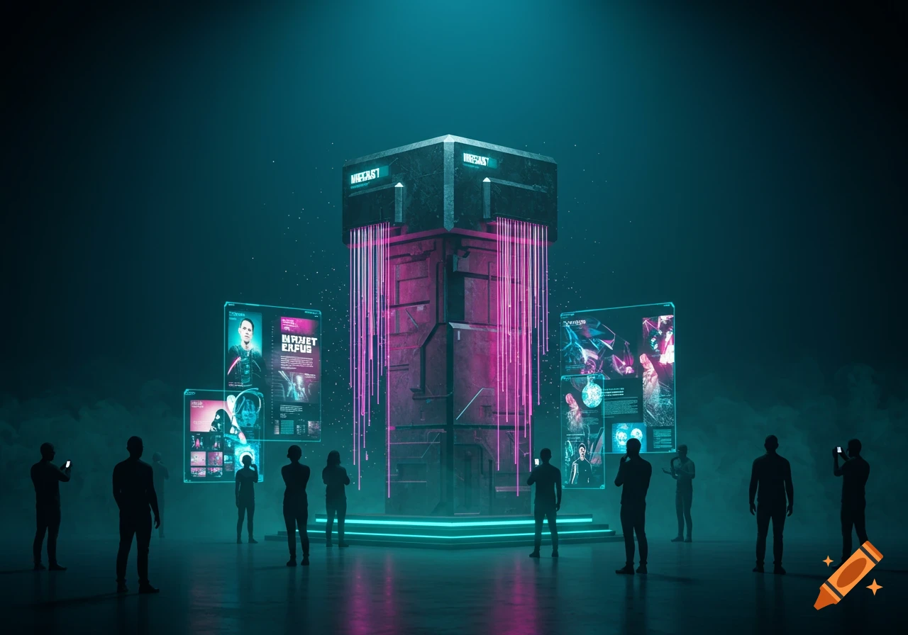 Silhouetted figures observe a large central glowing black structure and several floating holographic screens displaying information in a dark, futuristic room.