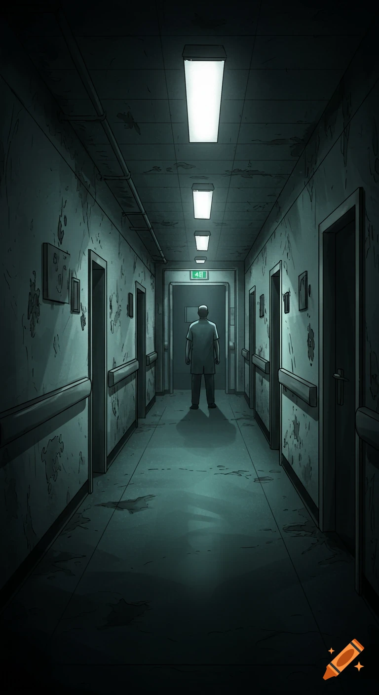 A shadowy male figure stands at the end of a dark, eerie comic book style hospital corridor with fluorescent lights.