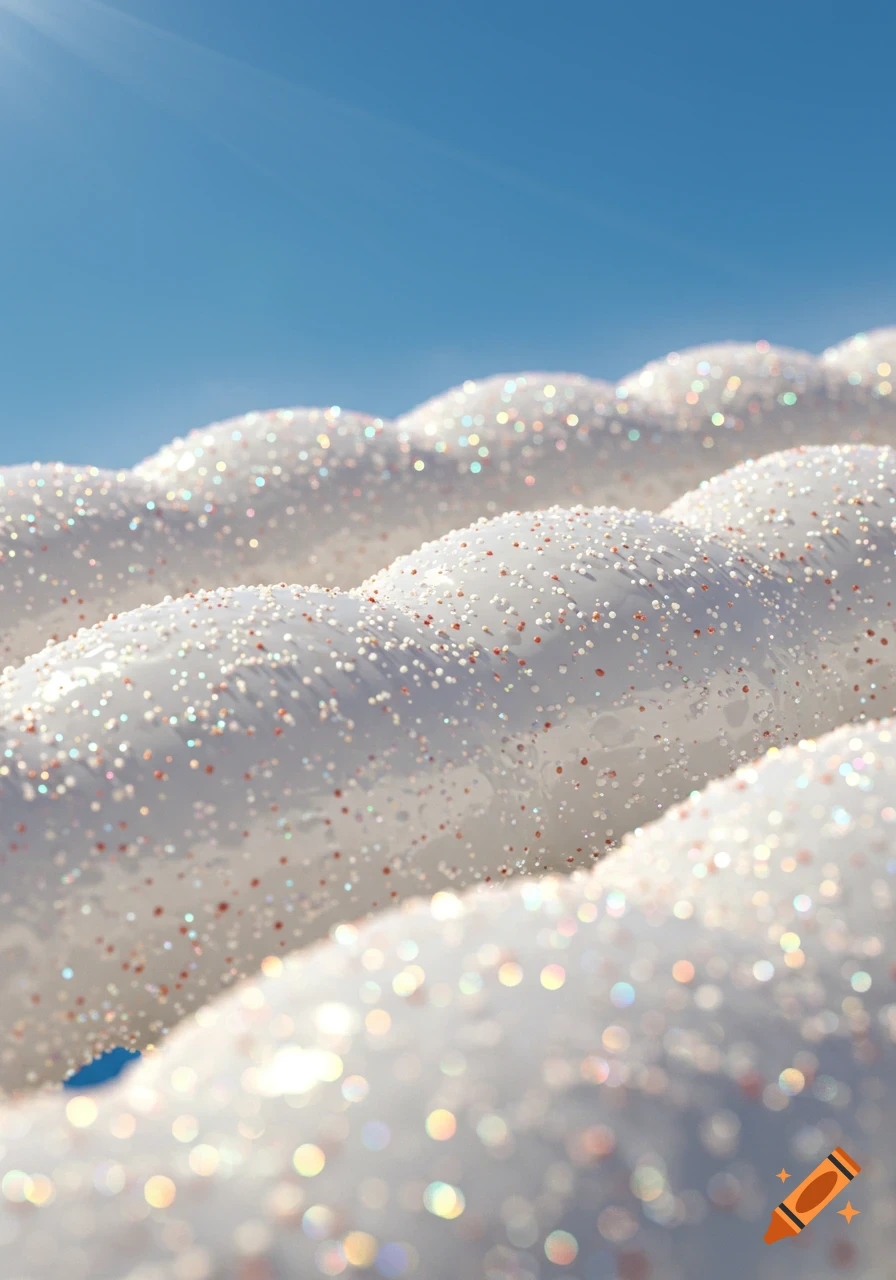 Undulating white surfaces covered in sparkling multicolored particles under a clear blue sky, close-up, photorealistic.