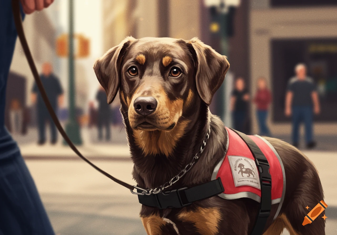 A brown and tan service dog wearing a red harness on a leash stands on a city street.