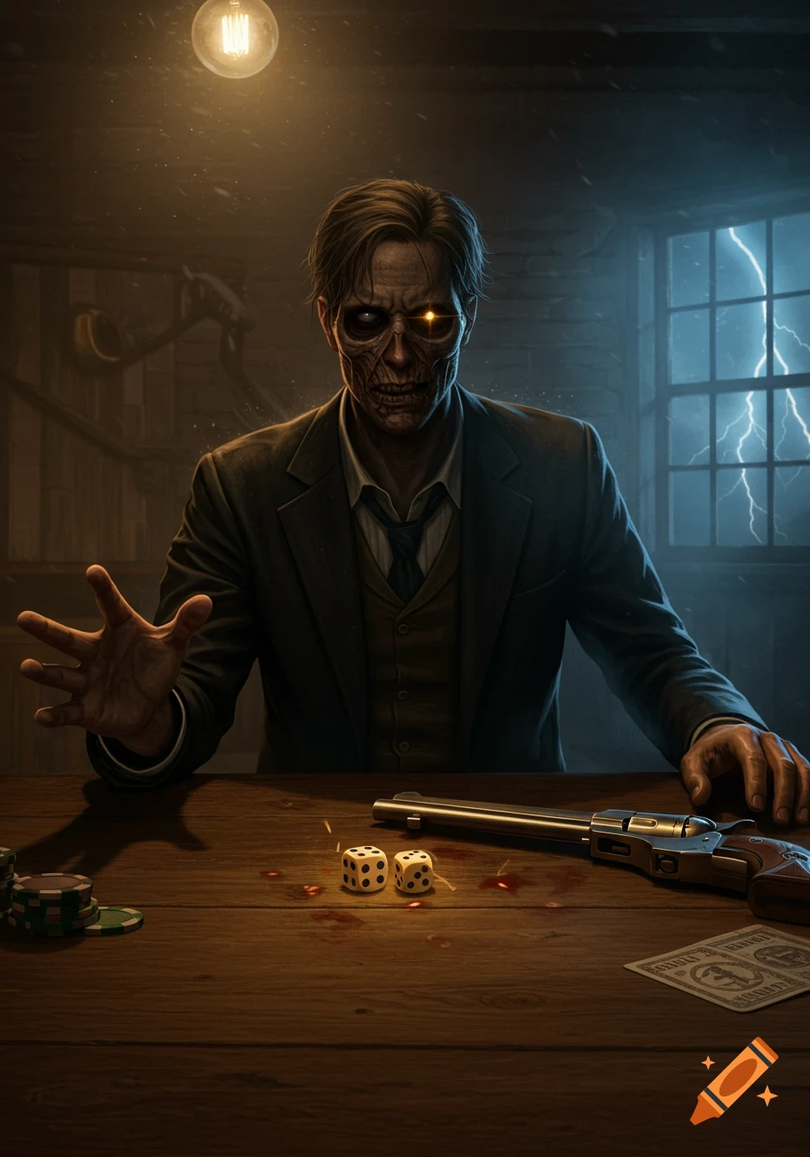 A zombie-like man in a suit sits at a table with dice, poker chips, and a revolver, lit by a bare bulb and lightning outside a window. Stylized digital art.
