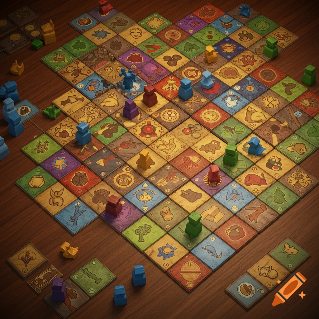 An overhead view of a colorful board game with numerous square tiles and various small player pieces on a wooden table.