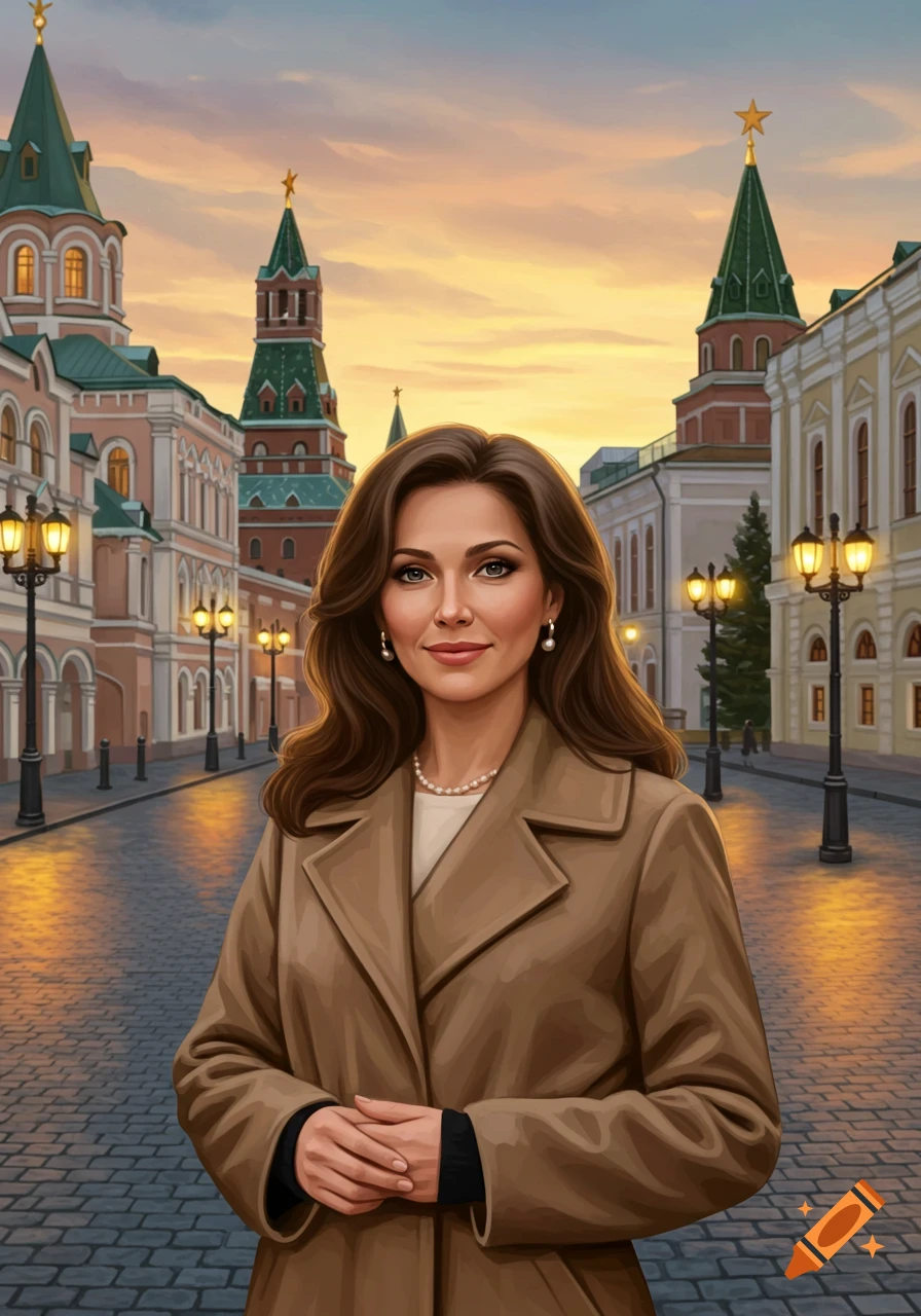 An illustrative portrait of a woman with long brown hair, wearing a brown coat and pearls, standing on a cobblestone street with prominent Russian architecture and streetlights at sunset.