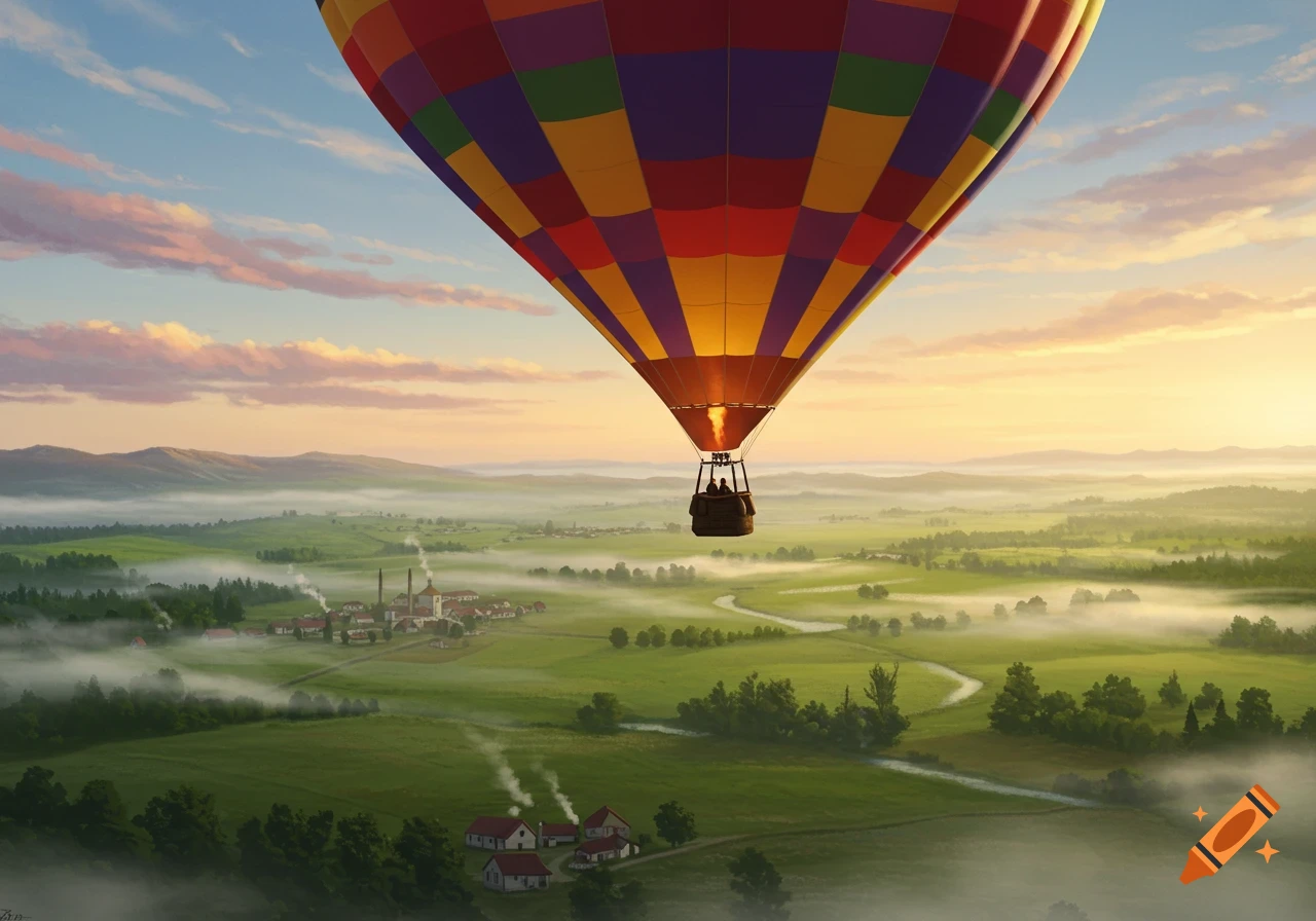 A colorful hot air balloon floats above a misty green valley with a small town at sunrise.