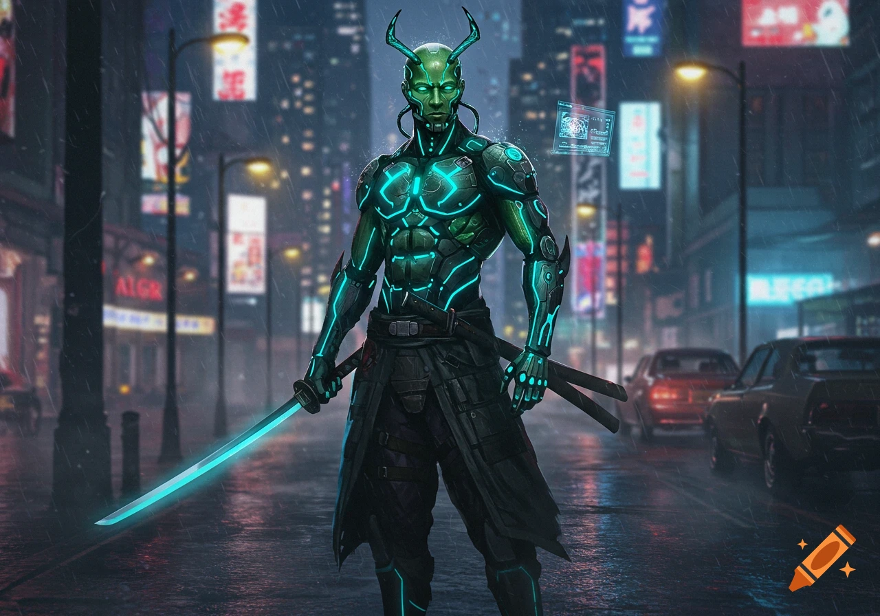 A green-skinned cyborg ninja with glowing blue lines on its armor, holding a katana, stands in a rainy cyberpunk city street at night.